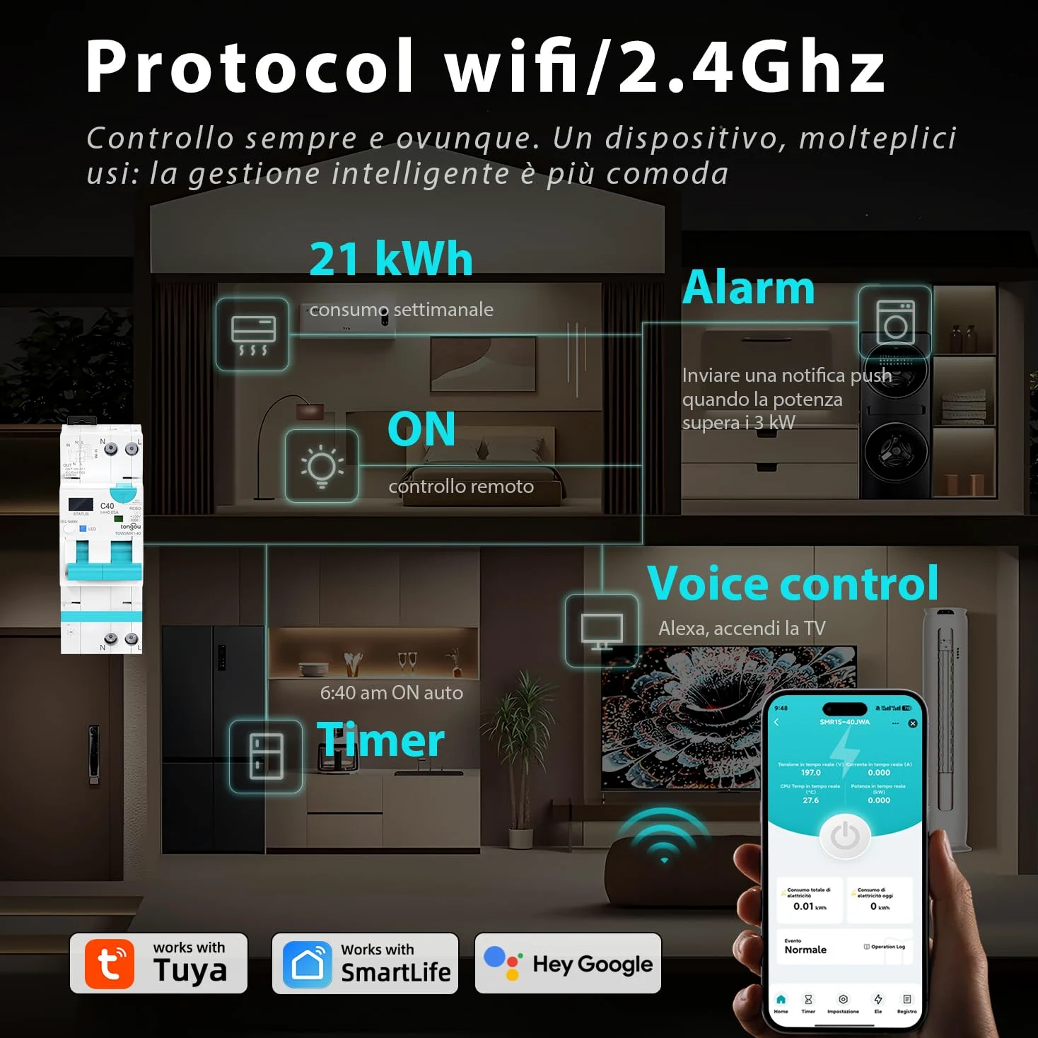 Interruttore Differenziale Wi-Fi Tuya "Smart RCBO" Reset Automatico Disconnessione in Intensità 1-40A, Corrente di Perdita 30-100mA, Sovra/Sottotensione, Temperatura, Sovrappotenza Misurazione 2025