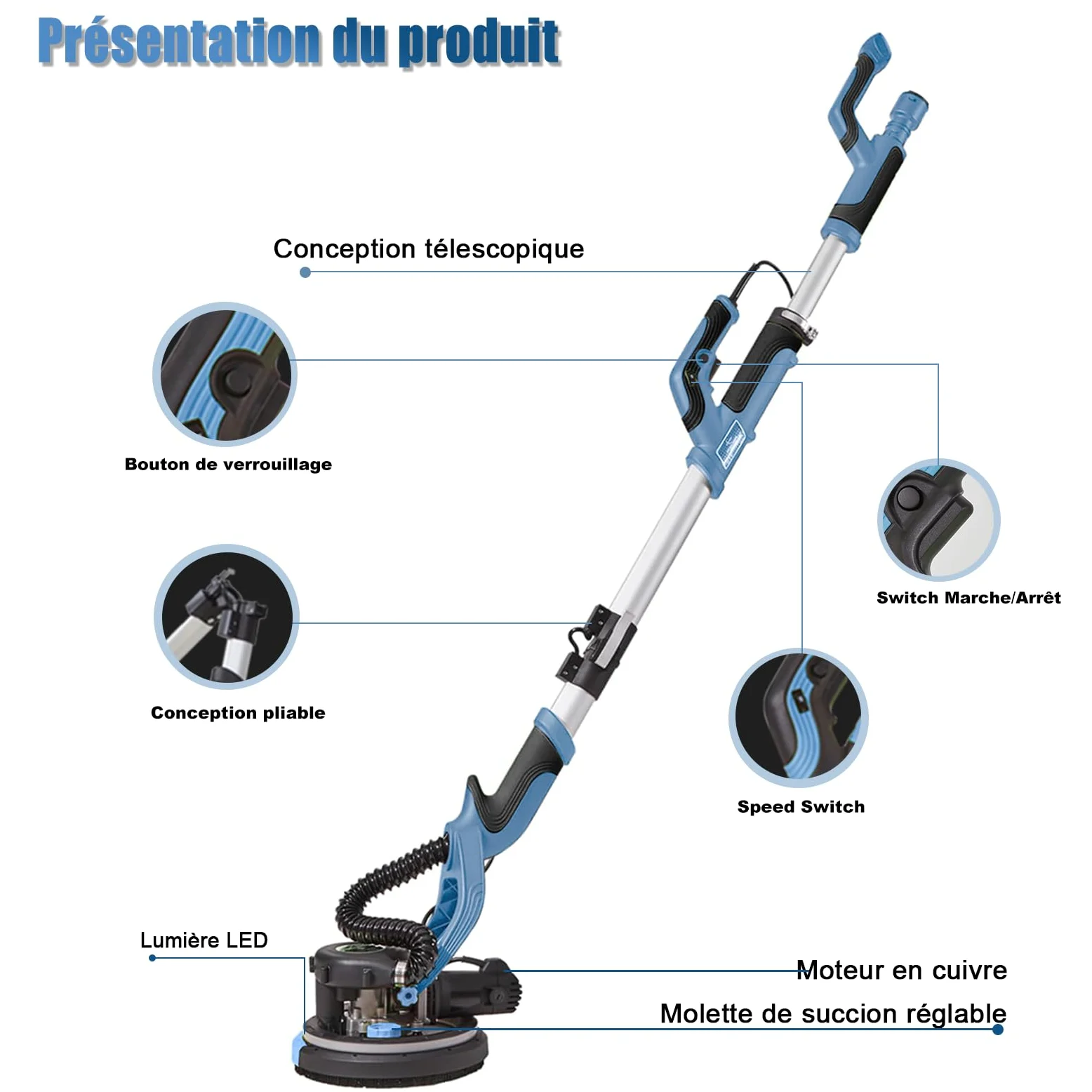 Levigatrice Giraffa 750 W professionale con sistema di vuoto automatico e luce LED, Levigatrice da parete e soffitto telescopico, diametro 215 mm, 7 velocità 900-1800 giri/min (blu)