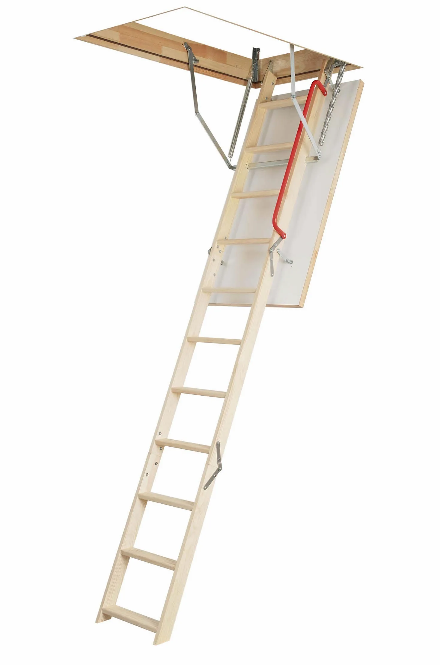 Scala pieghevole in legno per mansarda e soffitta, dimensioni del telaio: larghezza 70 cm x lunghezza 111 cm altezza fino a 280 cm e portello isolato