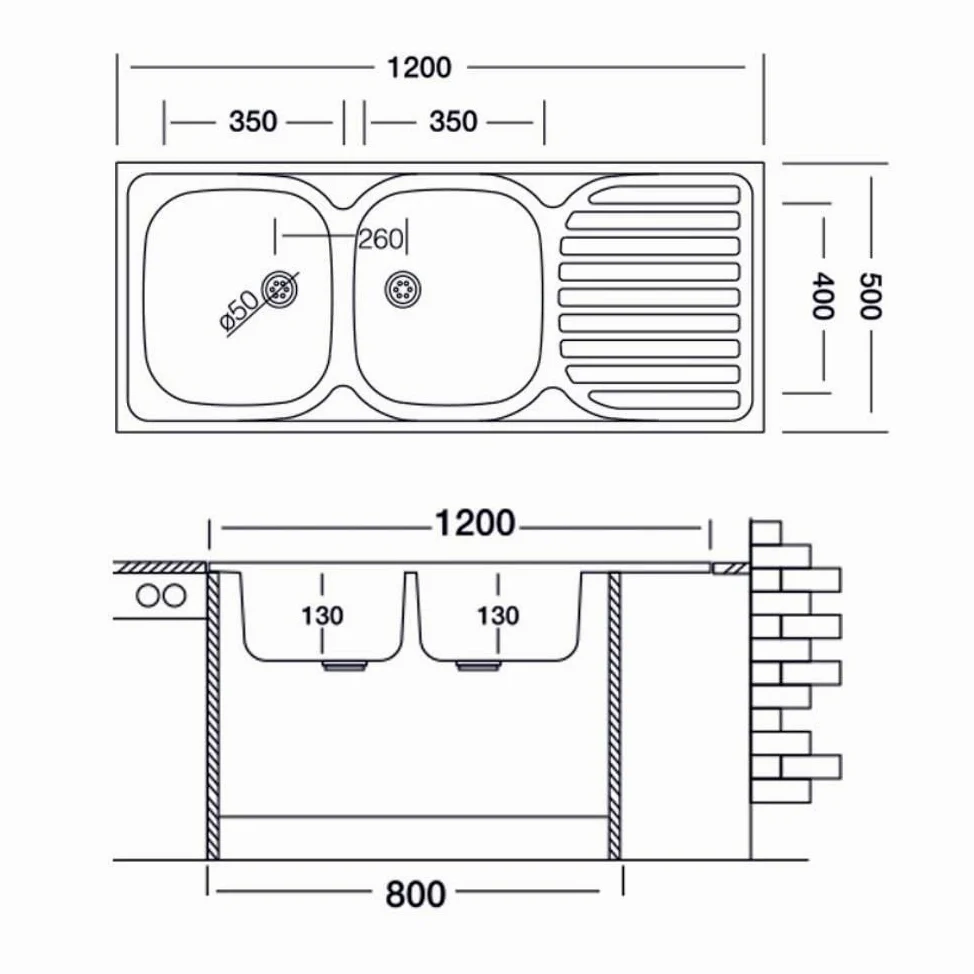 Lavello cucina due vasche con gocciolatoio sx acciaio da appoggio 50x120 cm