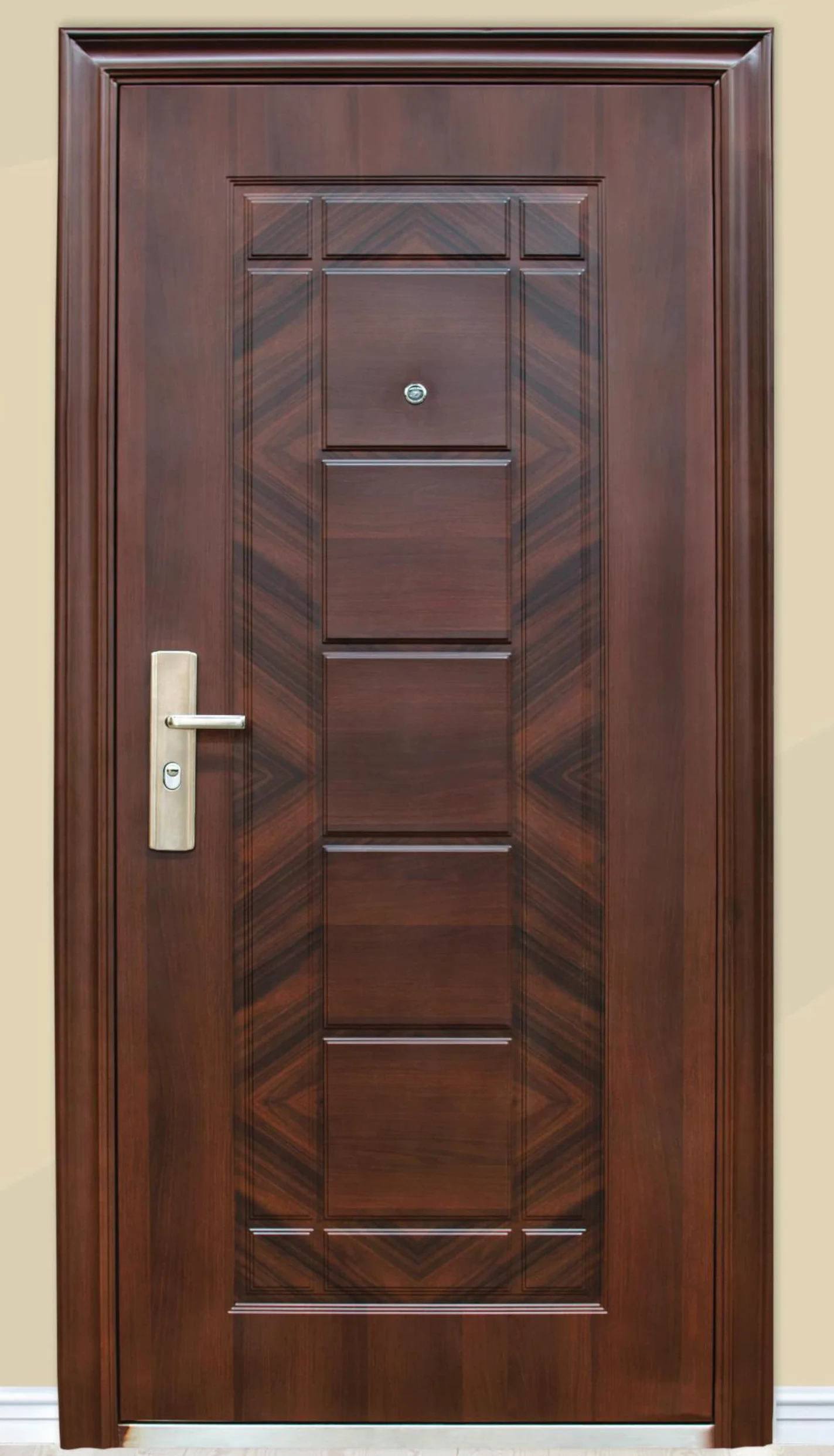 Porta Blindata Di Casa Moderna Portone Marrone Effetto Legno Con 5 Chiavi Una Maniglia In Acciaio Inox Un'anta E Uno Spioncino P13 (Apertura interna sinistra)
