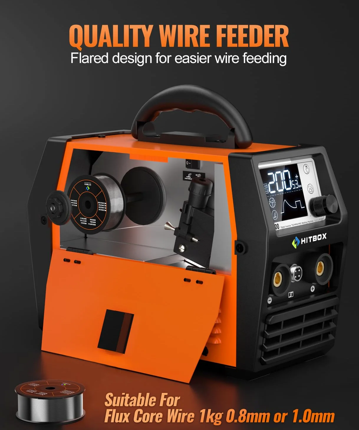 HITBOX Saldatrice a Filo 200A 4-in-1 Portatile - 230V MIG Senza Gas, ARC, LIFT TIG, Spool Gun, LED Display Digitale, Ideale per Principianti e Hobby(HIM200)