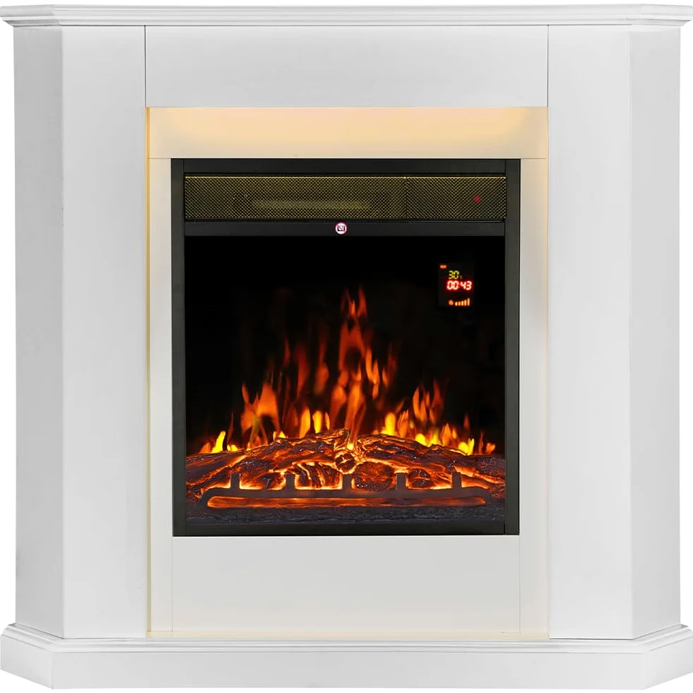 Bakaji Camino Elettrico Angolare con Cornice Legno Caminetto 2000W Completo di Mobile ad angolo, Silenzioso Design Moderno, Stufa a parete da Incasso con Led a 7 Colori (Zurigo)