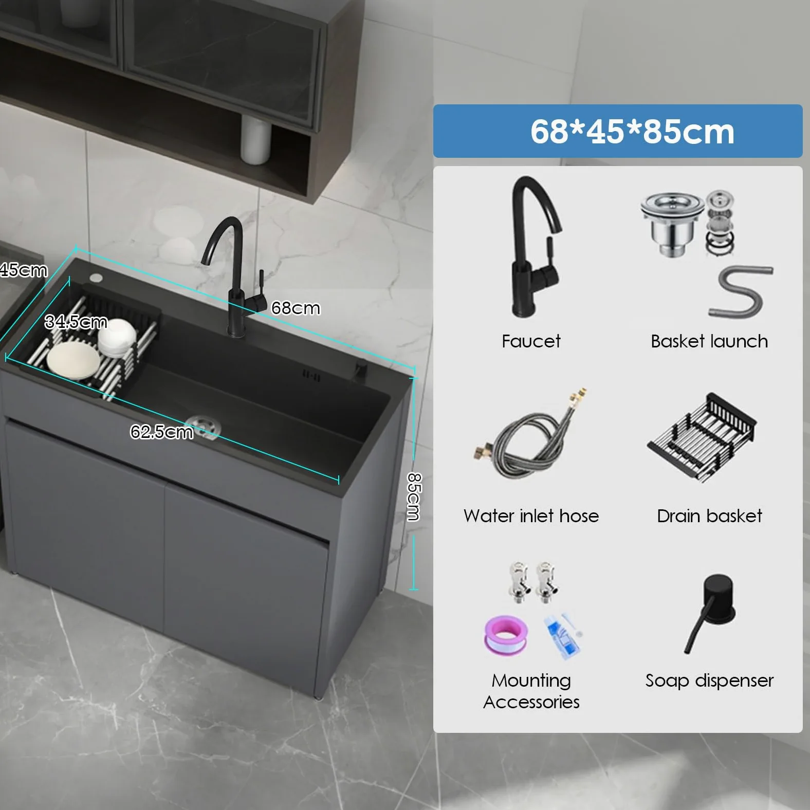 Lavello in Acciaio Inossidabile 68 cm Autoportante con Mobile Sottolavello | Rubinetto a Due Manopole per Acqua Calda/Fredda | Ripiano | Interno/Esterno | Commerciale & Residenziale | Cucina/Bagno