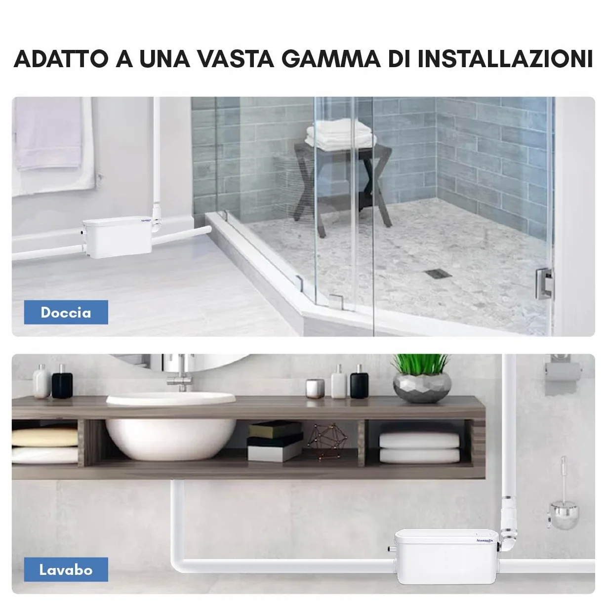 Aquamatix Pompa Doccia 250W Trituratore Pompa Maceratore 8m Distanza di pompaggio verticale 100L/min per docce, lavandini 2 ingressi