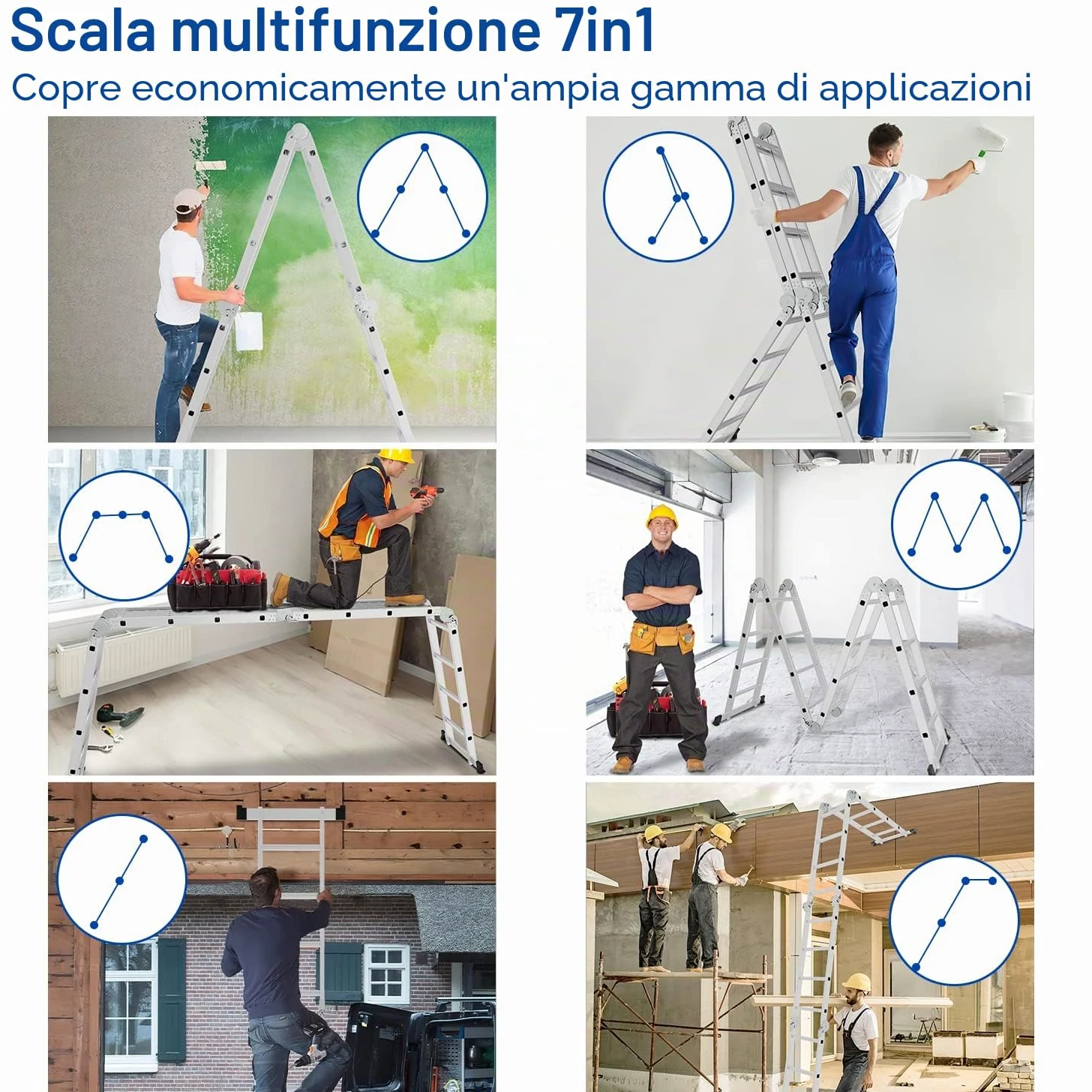 Scala multiuso in alluminio, 4 x 5, 582 cm, 7 in 1, pieghevole, per uso domestico