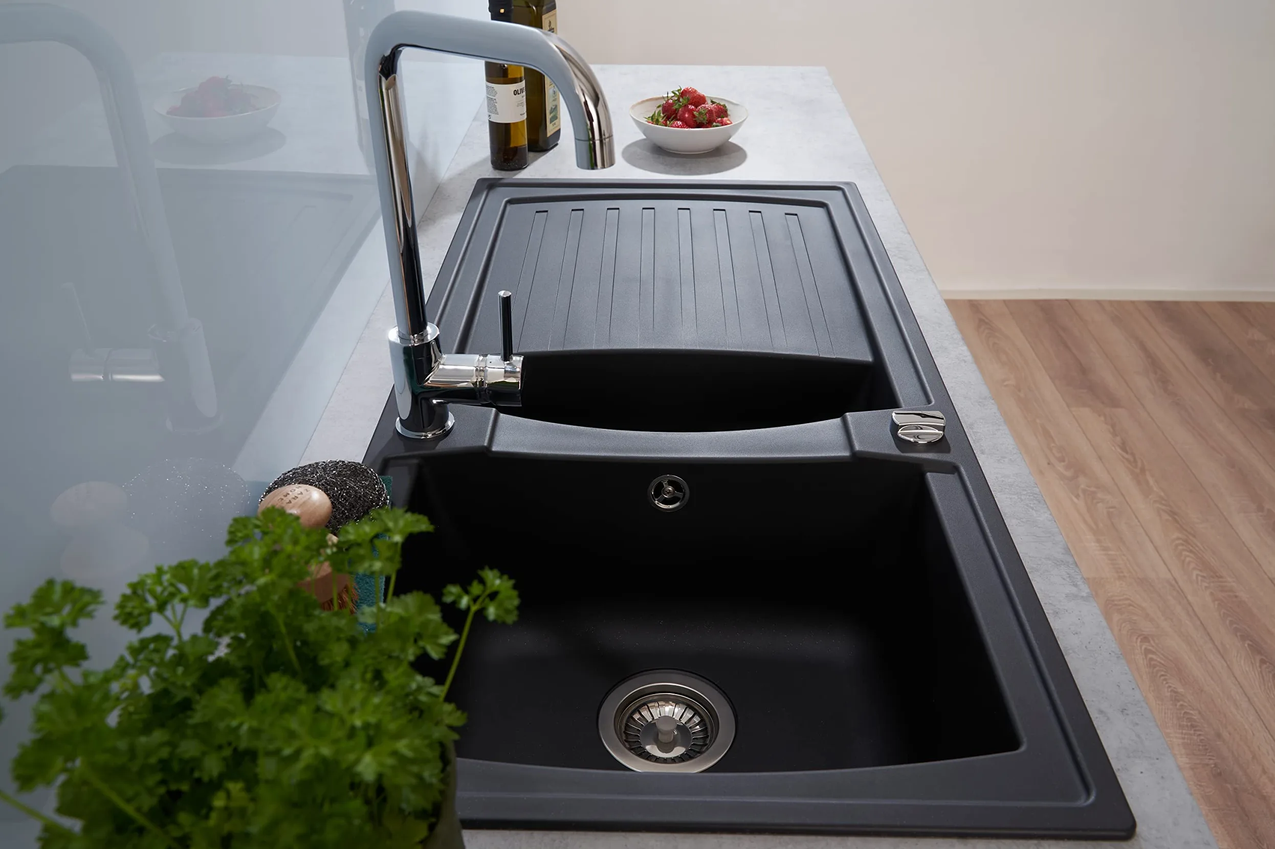 Respekta Lavello da Cucina in Mineralite Color Nero, Lavello da Incasso a 1,5 vasche, dimensioni 100 x 50 cm, Lavello Adatto per Mobili Sottolavello da 60 cm di Larghezza