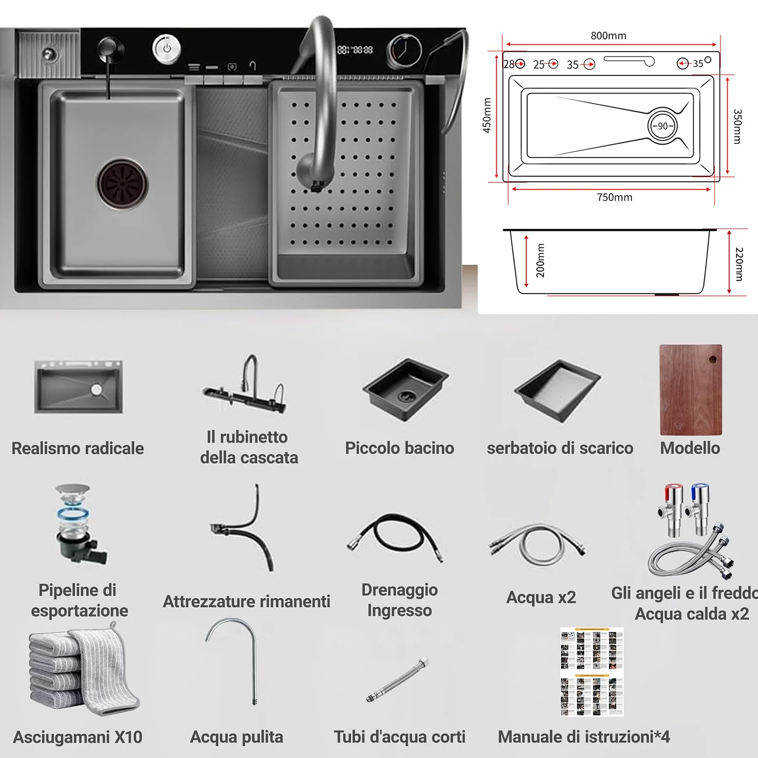 Nero Lavandino Cucina 1 Vasca Multifunzione Kitchen Sink Moderno Acciaio Inox Lavello Cucina Cascata, con Componente Di Drenaggio,Tagliere, Lavatazze, Dispenser di Sapone, Istruzioni (80x45x22cm)