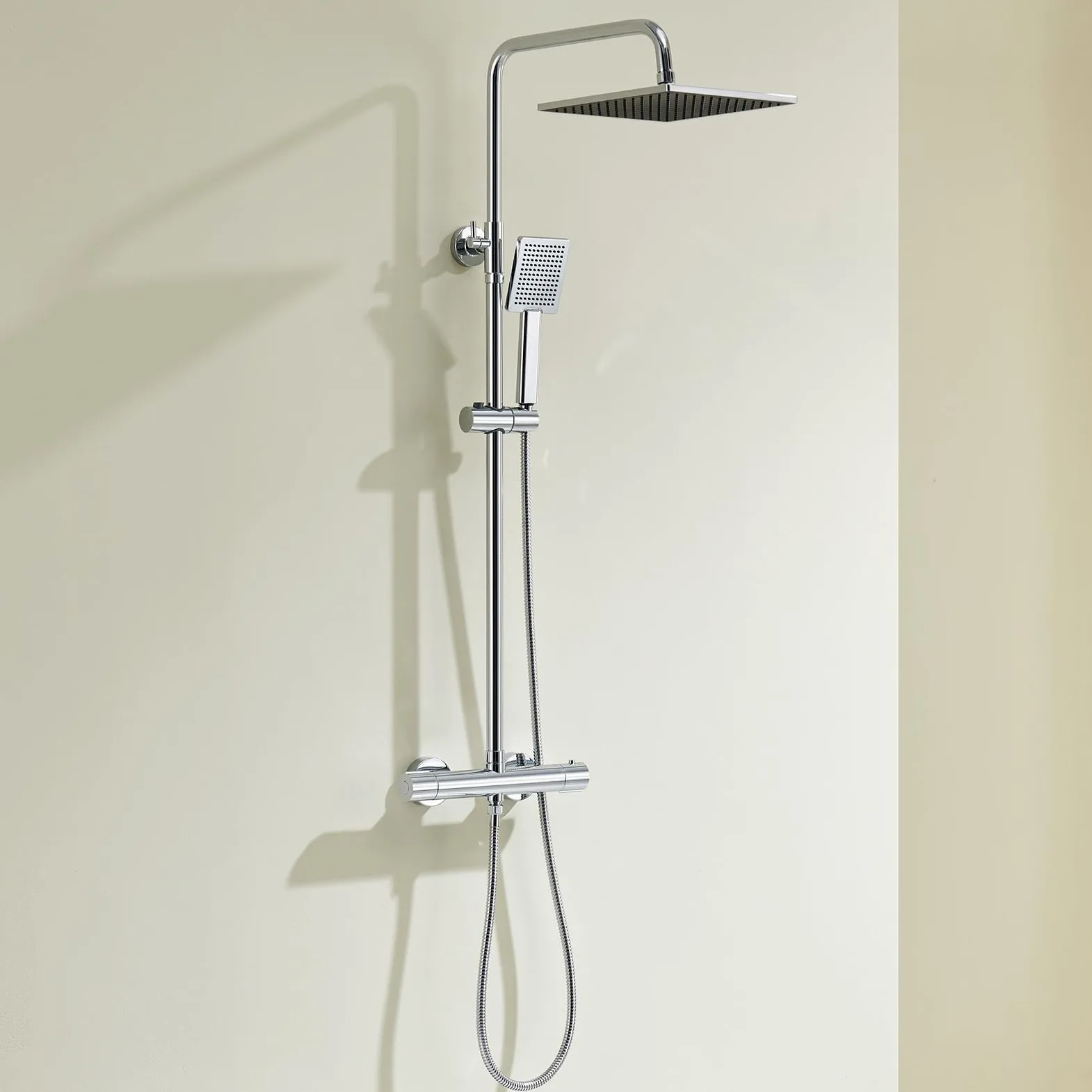 Auralum Colonna Doccia Kit con Rubinetto Termostatico Antiscottatura, Miscelatore Doccia Esterno con Soffione Doccia 25x25cm, Doccetta, Asta Doccia in Acciaio Inox e Tubo Doccia 1,5m, Cromo