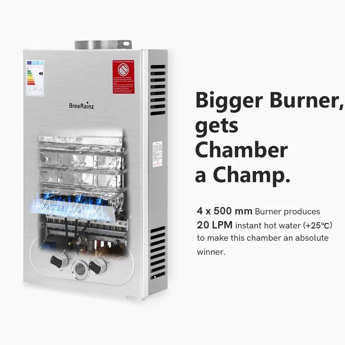 20LPM Scaldabagno Gas, 40KW Scaldabagno a Gas GPL con Pressione dell'Acqua Super Bassa di 0,1 bar Disponibile per Doccia e su Richiesta, Funzionamento a Propano Butano