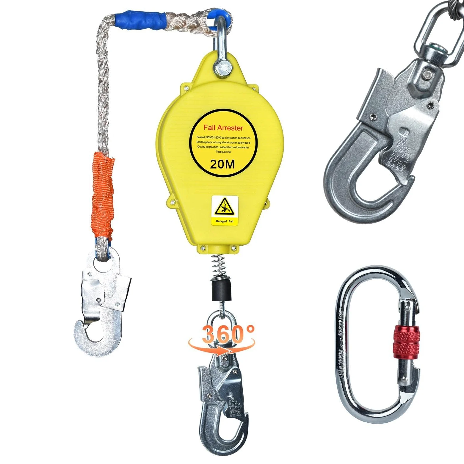 Dispositivo Anticaduta Retrattile Certificato CE, Dispositivo di Sicurezza Anticaduta con Gancio Girevole a 360°, Anticaduta a Richiamo Automatico per Lavori ad Alta Quota, 150kg(Giallo,20m)