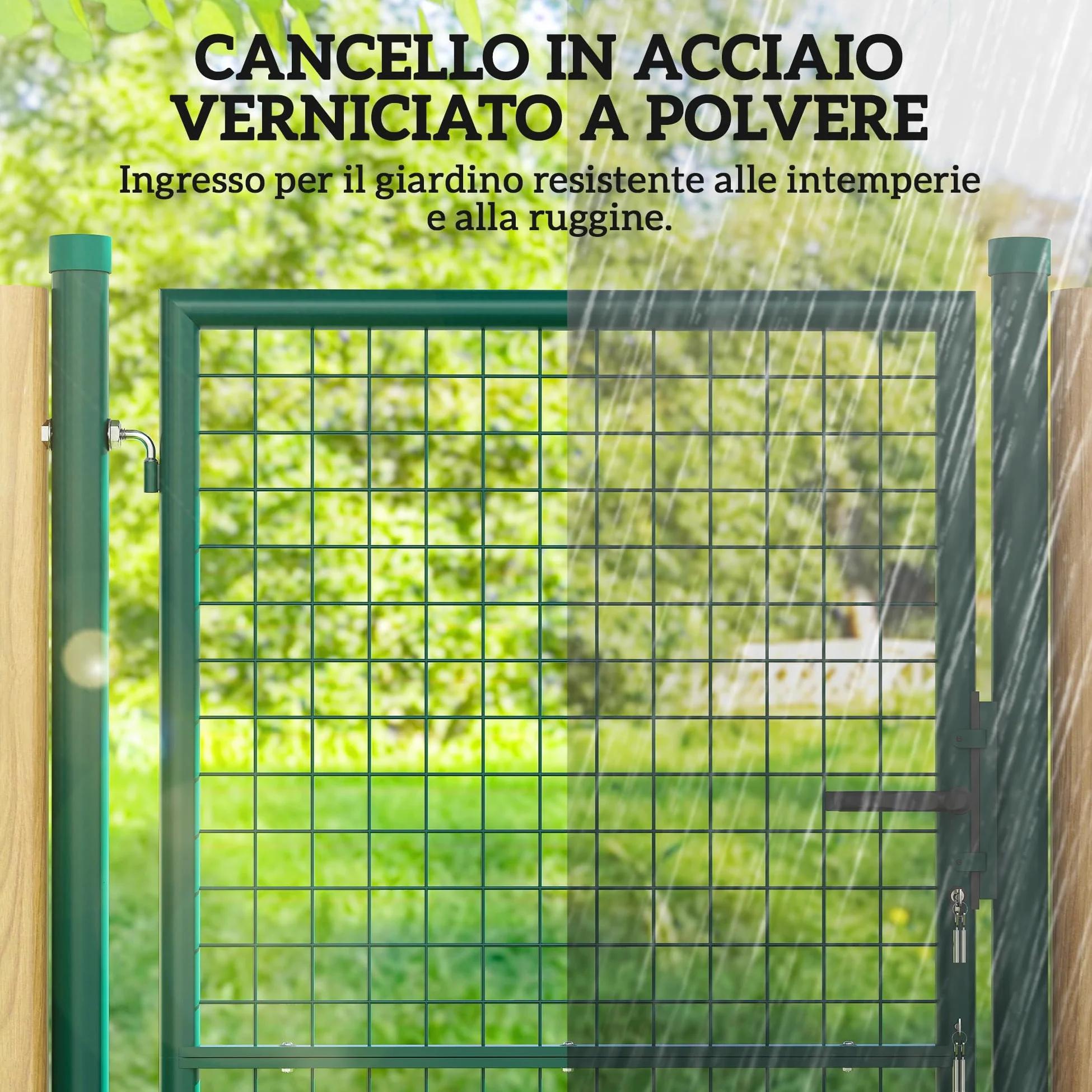 Outsunny Cancello da Giardino in Acciaio 97x200 cm, Cancelletto da Giardino con Serratura, 3 Chiavi, Maniglia e 2 Pali, Cancello Esterno per Ingresso Cortile e Terrazzo, Verde
