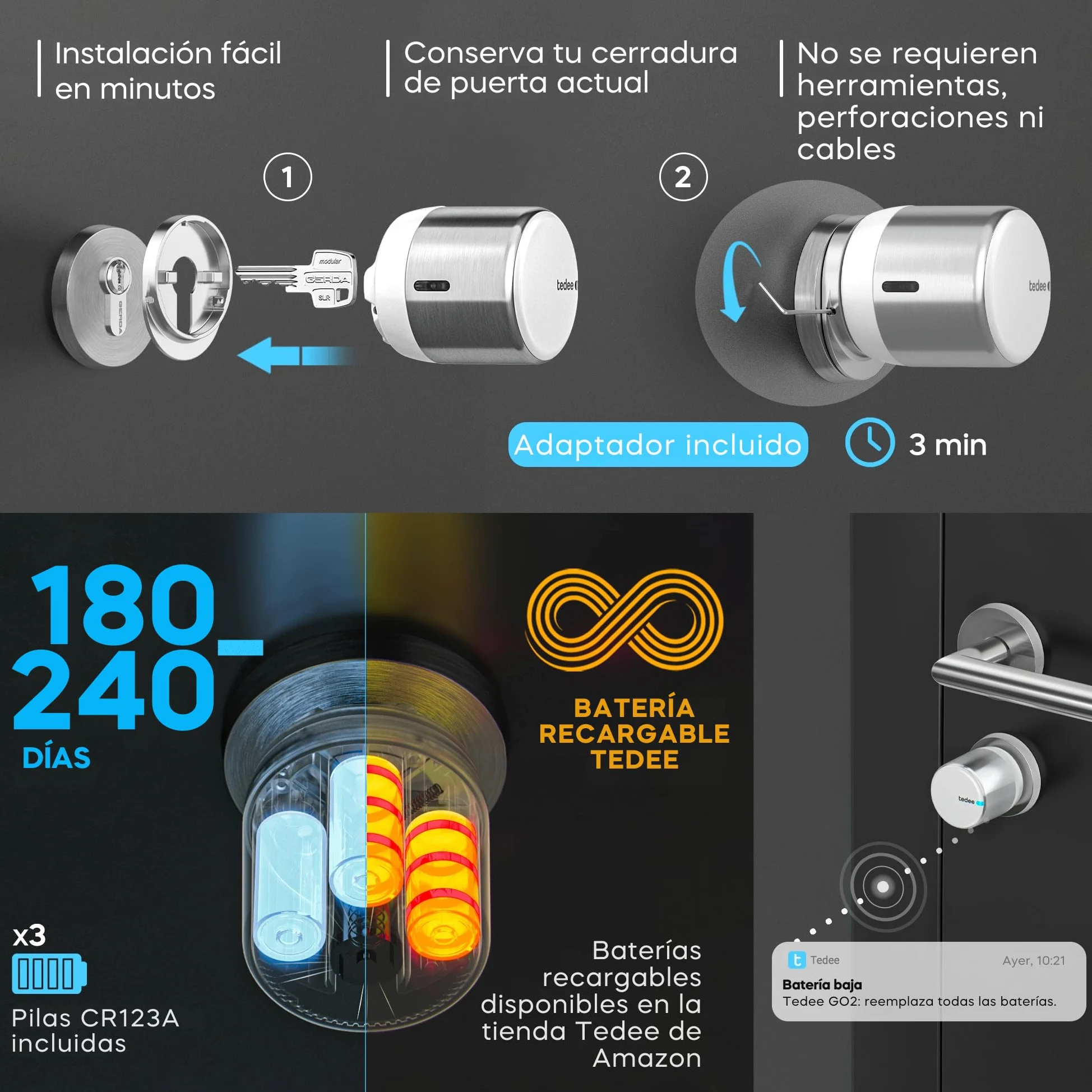 tedee GO2 Allu Serratura Smart con WiFi e tastierino biometrico per l'accesso remoto, Alexa Google Smart Home, Serratura intelligente con app e Bluetooth