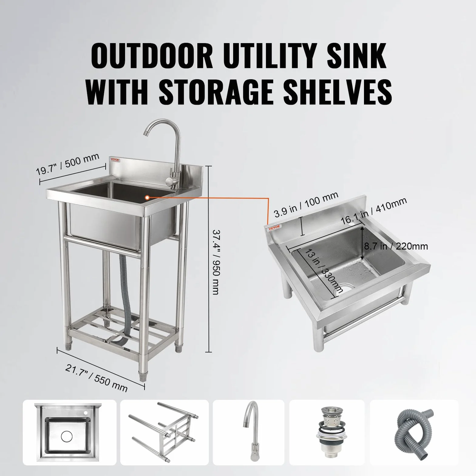 VEVOR Lavello multiuso in acciaio inox, lavello con rubinetto e gambe, lavelli commerciali a vasca singola 16 x 13 x 8,7 pollici per garage, ristorante, cucina, lavanderia
