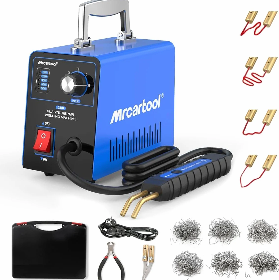 MR CARTOOL Saldatore per Plastica con 600pcs Graffette, Kit di Riparazione Paraurti Auto con 15W/35W/45W/65W/80W Regolabile, 220V Plastica Saldatrice Pistola Riparazione Macchina (Blu)