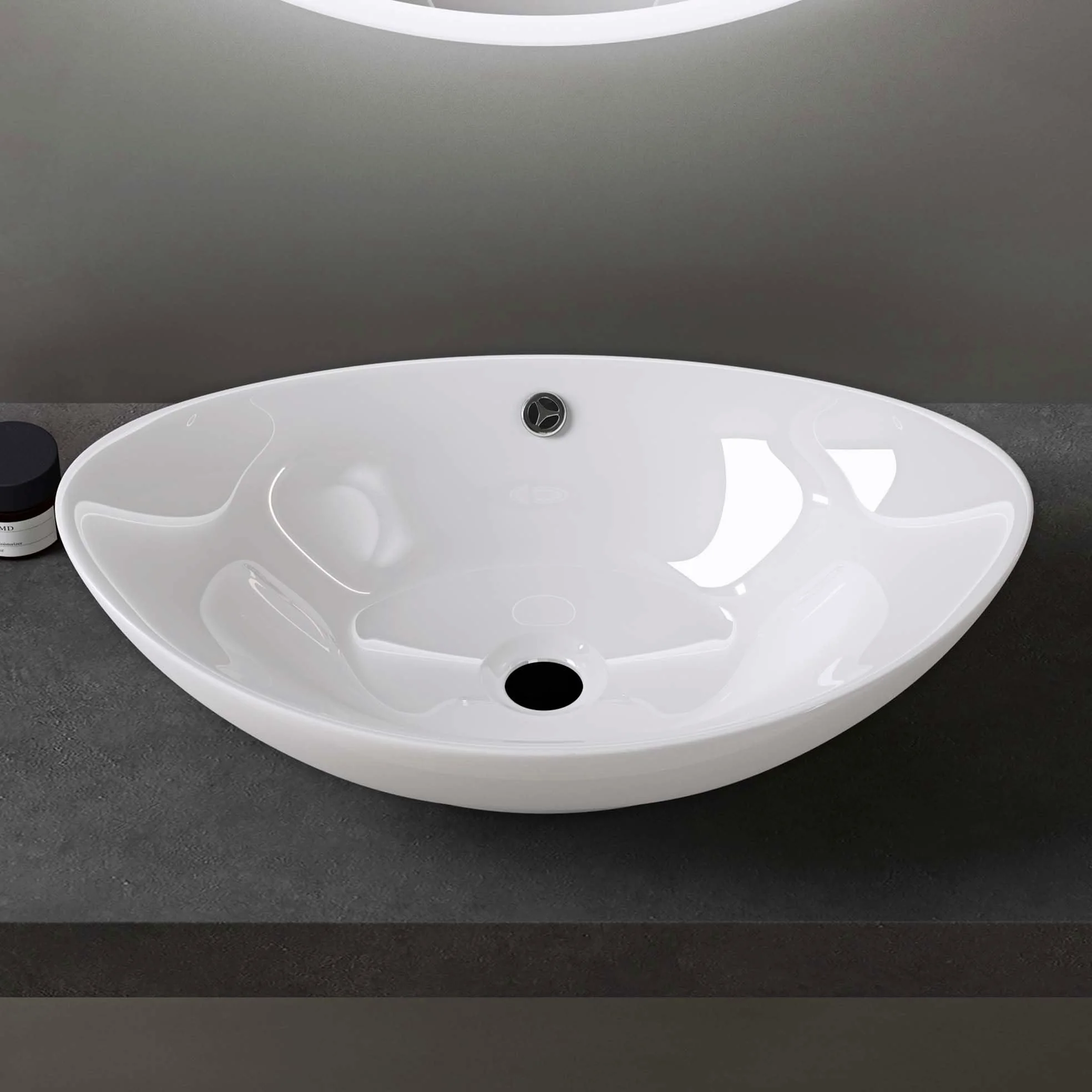 doporro Lavabo Ovale da Appoggio in Ceramica Bianco Lucido 59x38,3x19,2 cm, Lavandino Bagno con Troppopieno Effetto Loto Brüssel818