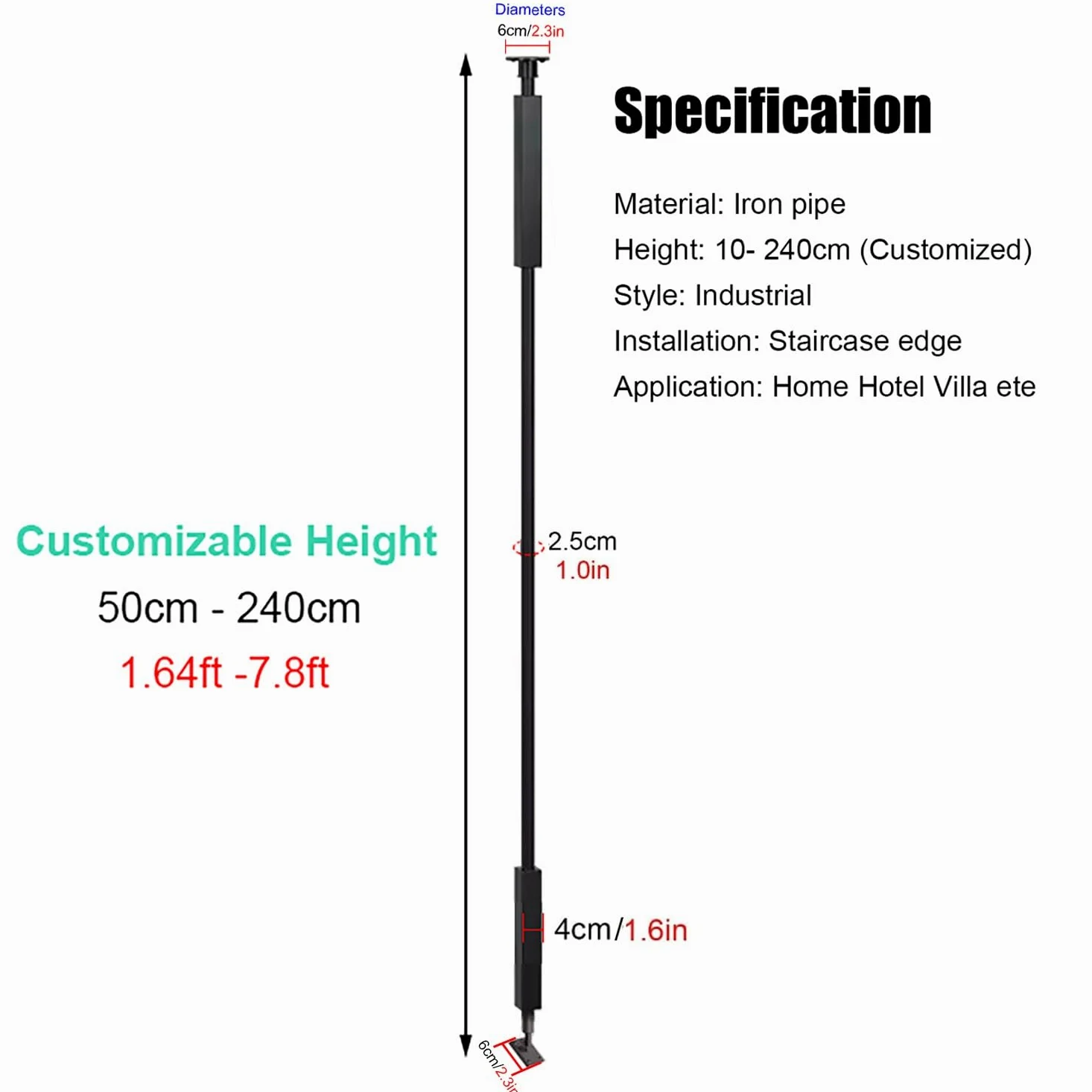 Ringhiera Vetro scale interne esterni Rotondo Balaustre In Metallo per Scale Interne, Angolo Regolabile Pilastro Parapetto per Gradini per Prevenire Cadute/Barriere di Sicurezza, Lunghezza 10-240