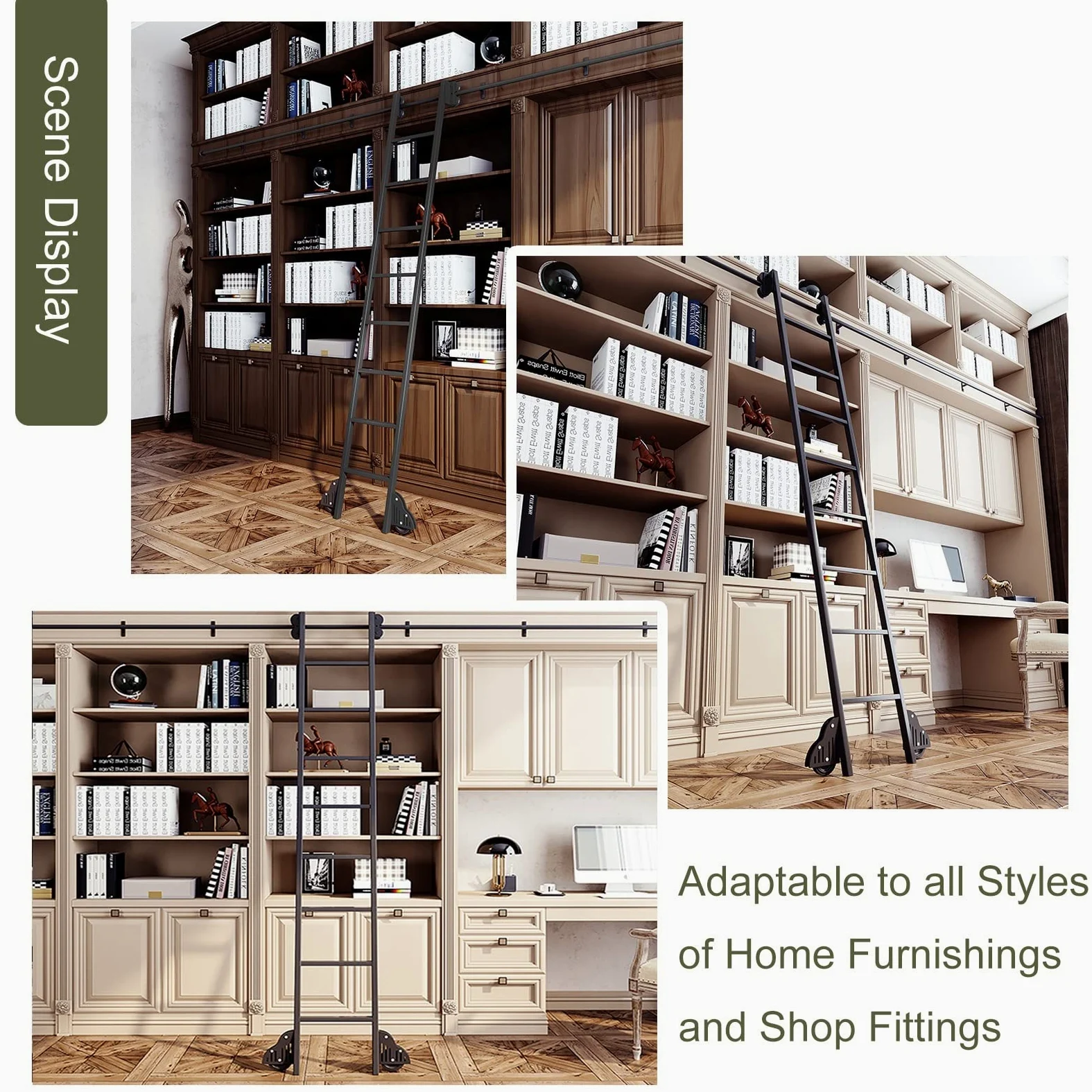 Luyckfrazy Scala per Libreria Scorrevole Binario Sospeso 3.3ft-20ft, Kit per Ufficio a Soppalco Con Ruote a Pavimento (Senza Scala) (Size: 200cm Kit Pista)
