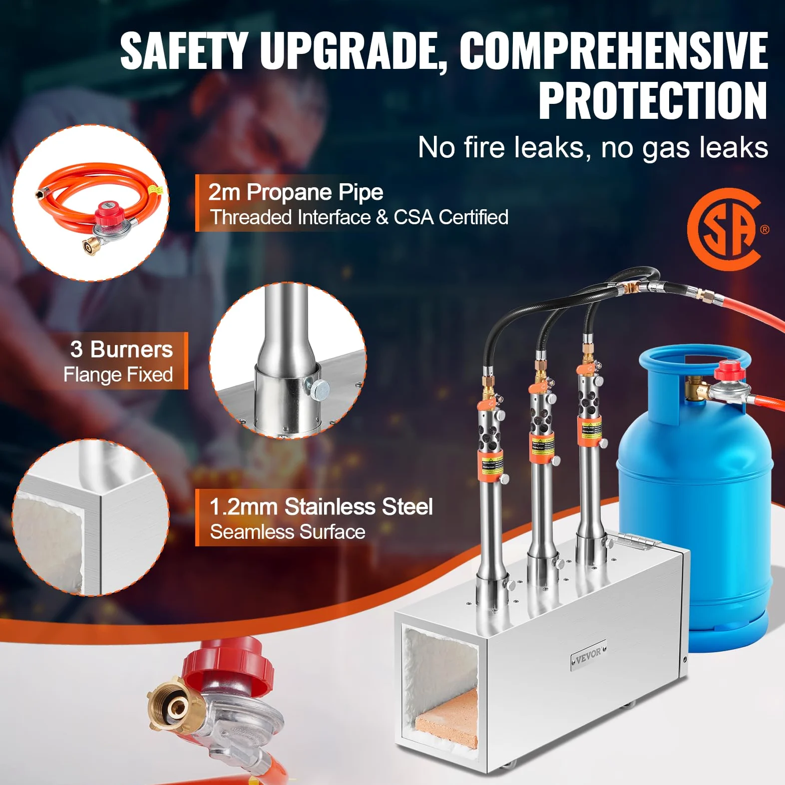 VEVOR Forgia a gas propano portatile, forno a gas quadrato con 3 bruciatori, temperatura max 1427 ℃, utensili e attrezzature per forgiatura a gas in acciaio inox, per colteliere Maréchaux-Ferrants