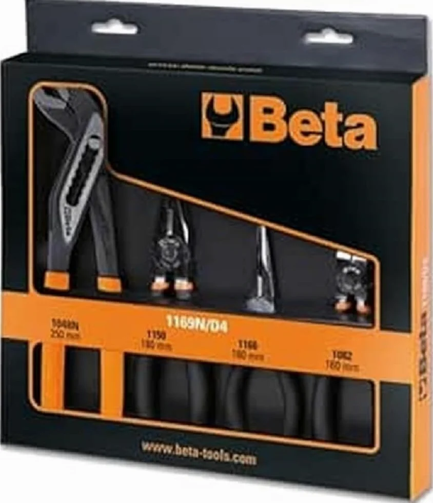 Beta 1169N/D4 - Assortimento di pinze: 1 universale a grande effetto, 1 becchi mezzotondi lunghi, 1 tronchese cromato e 1 pinza a cerniera chiusa fosfatata