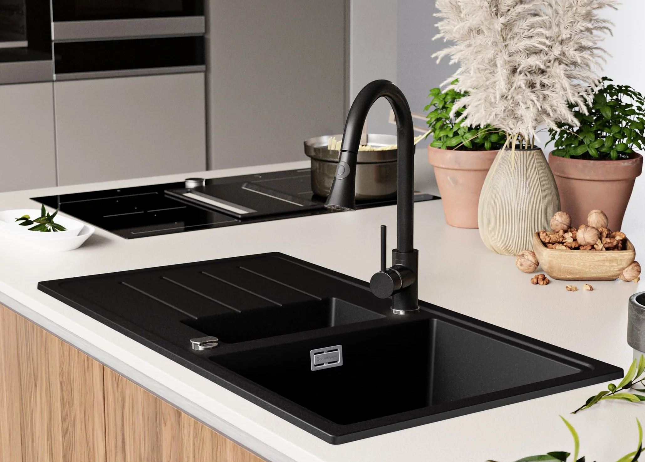 PRIMAGRAN Lavandino da Cucina Nero 90x50cm, Lavello in Granito a 1,5 vasche + Rubinetto 40x38cm + Set di accessori, Lavabo da Cucina Incasso al Mobile 60cm - Copenhagen Duo S027