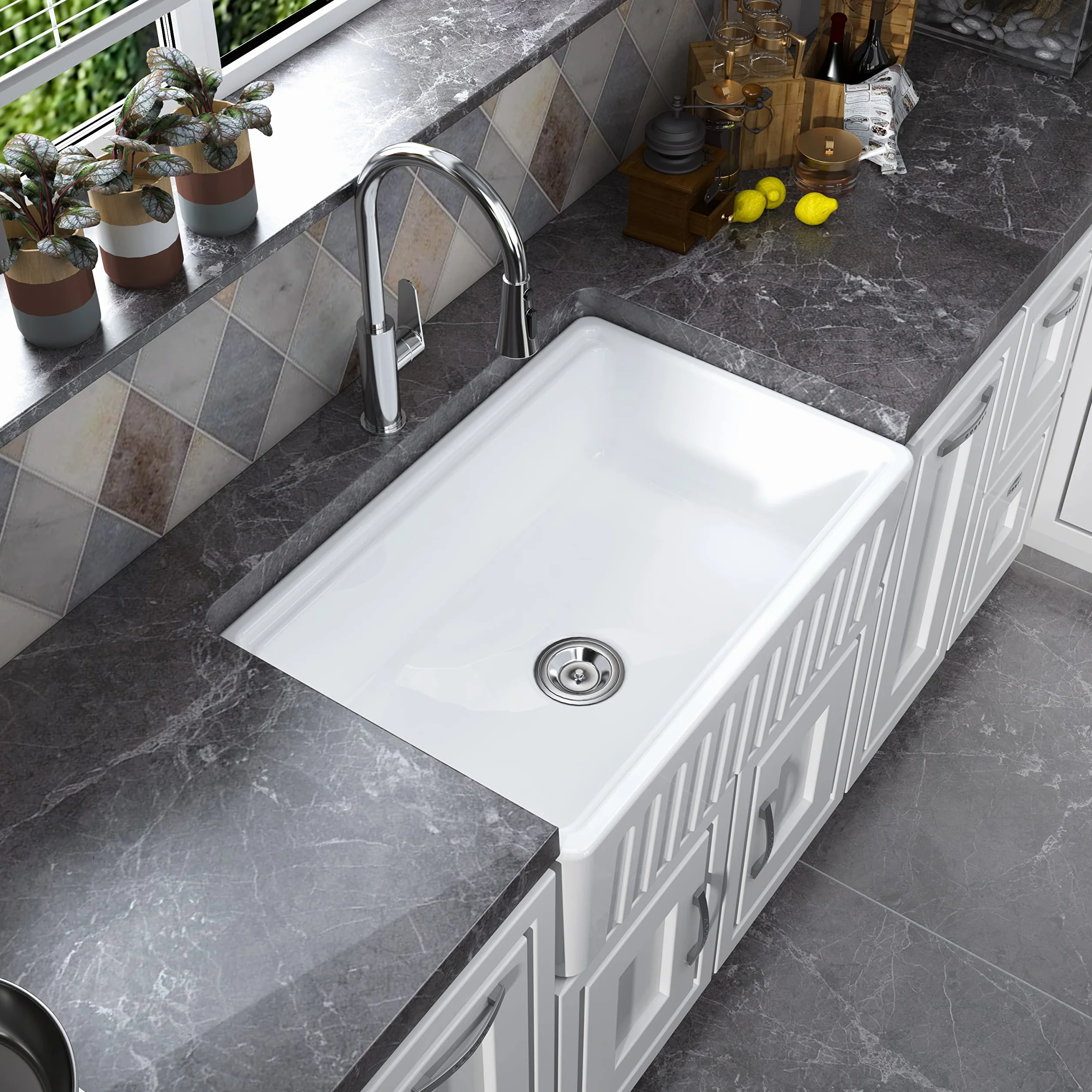 MEJE 76.2 x 50.8 CM Grembiule-front Rim Rim Workstation Farmhouse Lavello da cucina, ciotola singola in ceramica con tagliere, griglia e filtro - bianco