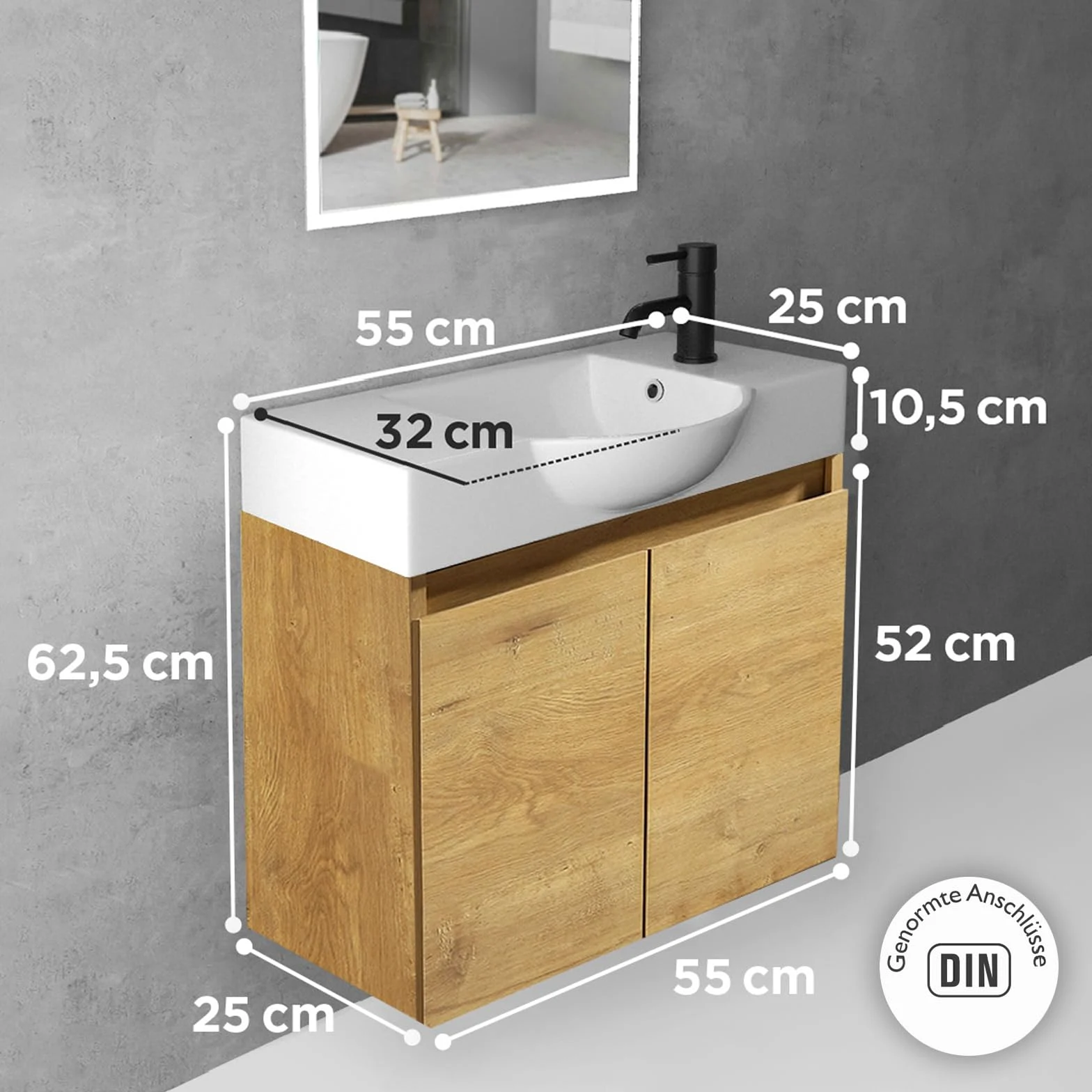 Alpenberger - Lavabo con mobiletto, larghezza 55 cm, lavabo con mobiletto da bagno, moderno set | piccolo lavandino per ospiti, mobiletto da bagno (rovere naturale)