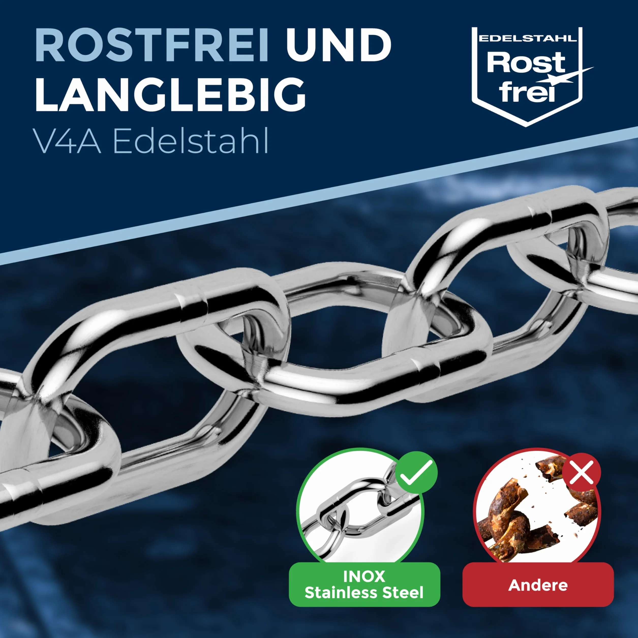 Catena acciaio inox A4 V4A AISI 316 Ø6 mm maglia lunga 20 m – DIN 5685 / DIN 766 – carico di rottura indicativo 1600 kg – confezione 1 pz