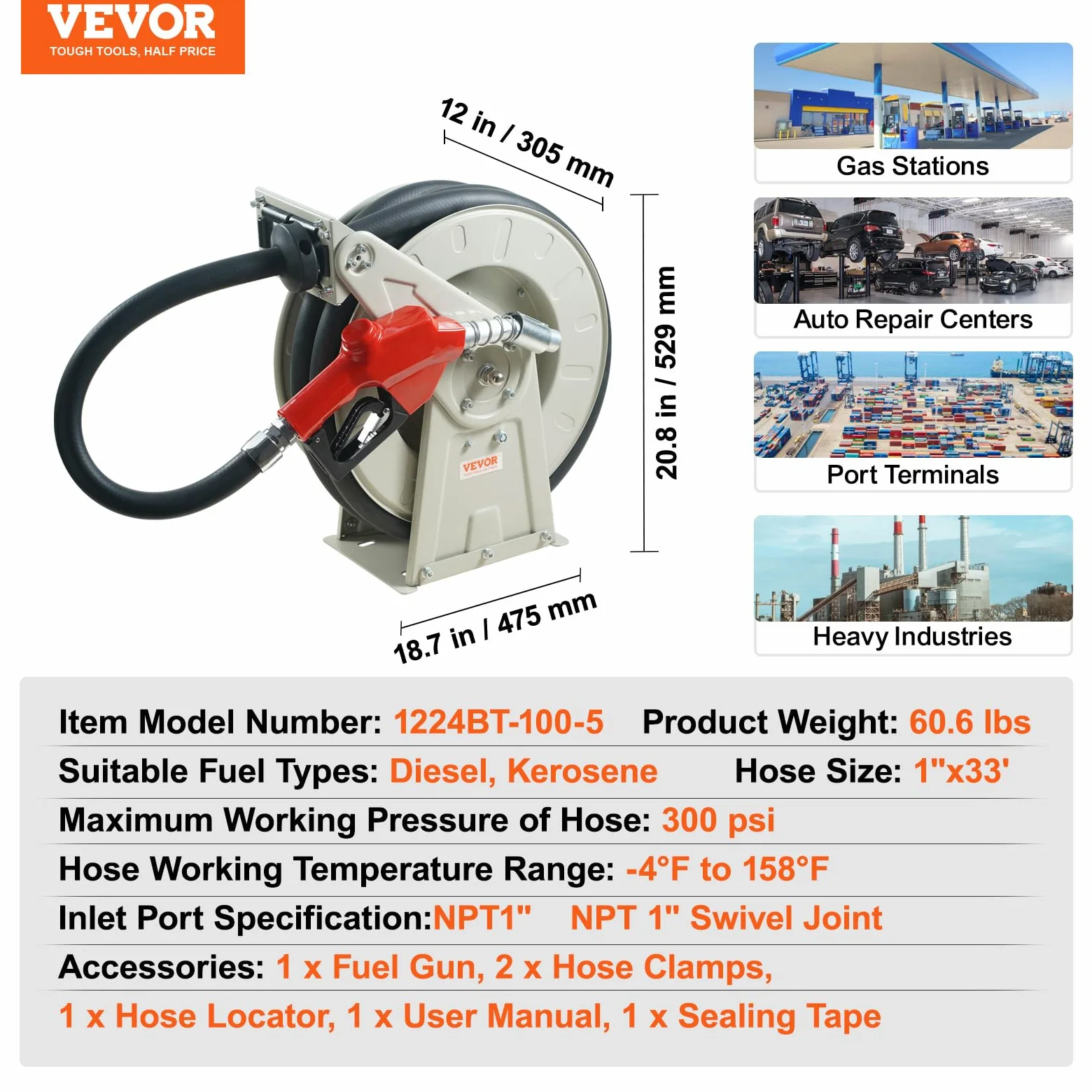 VEVOR Avvolgitubo Carburante, 1" x 33', Avvolgitubo Diesel Retrattile 300 PSI in Acciaio al Carbonio con Ugello Carburante NPT1", Tubo in Gomma NBR per Camion Cisterna di Veicoli 475 x 305 x 529mm