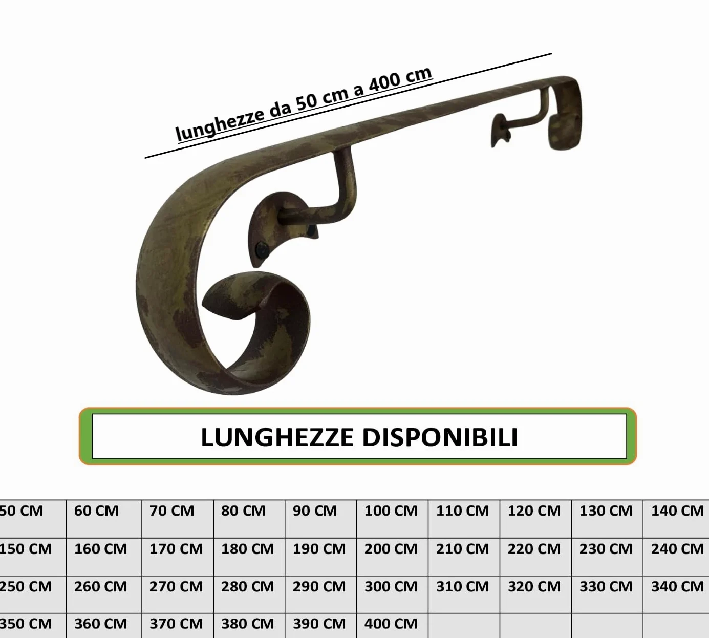 Corrimano in Ferro Battuto Modello Napoli | Lunghezze da 50 a 400 cm | per uso interno ed esterno | fai da te (Bronzo Anticato, 320 cm)