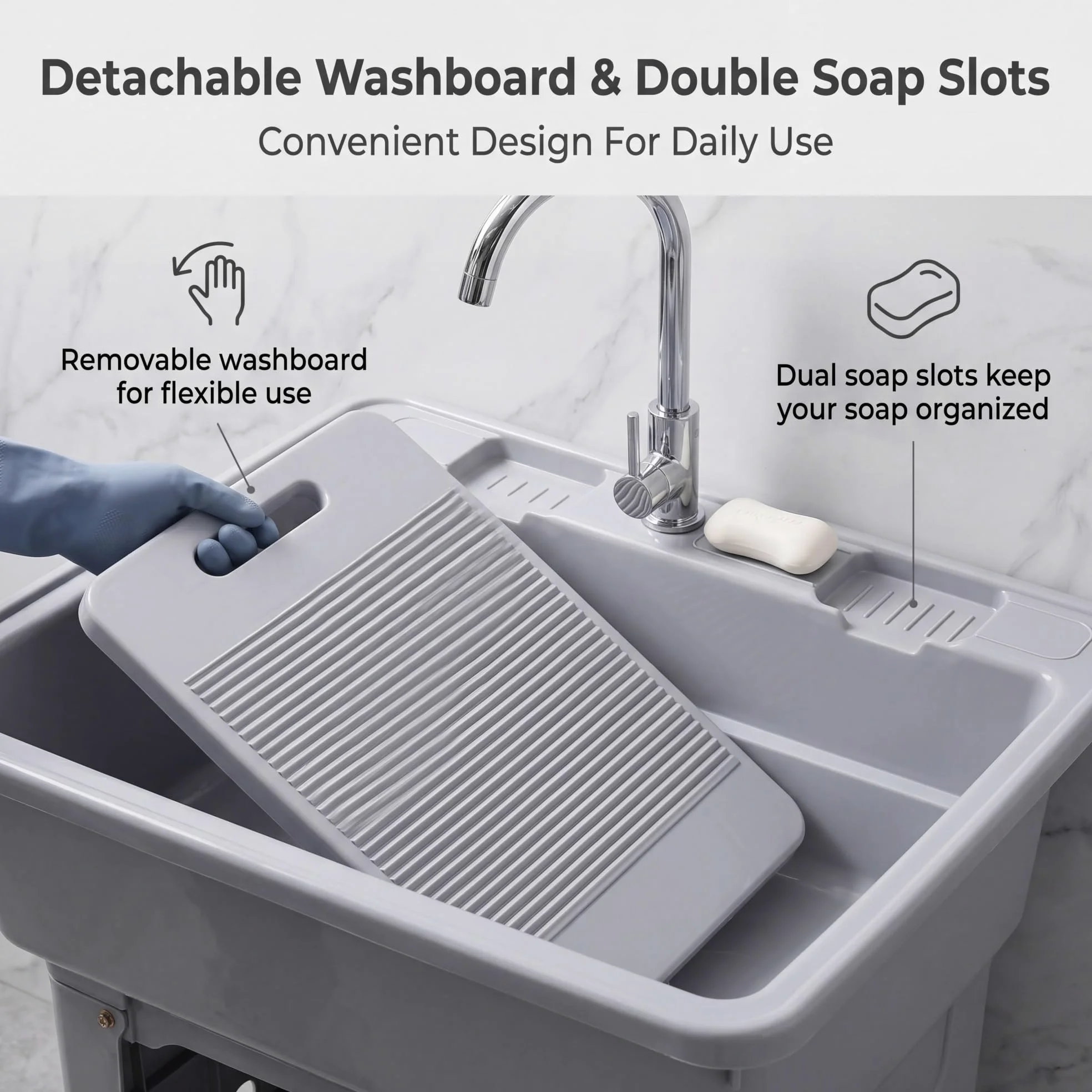 Lavatoio da Esterno in Plastica PP, 80X58X80CM Mobile Lavandino da Lavanderia Portatile, Lavello Biancheria Indipendente, Lavabo Lavapanni con Asse Rimovibile, per Interno, Garage, Giardino, Cantina