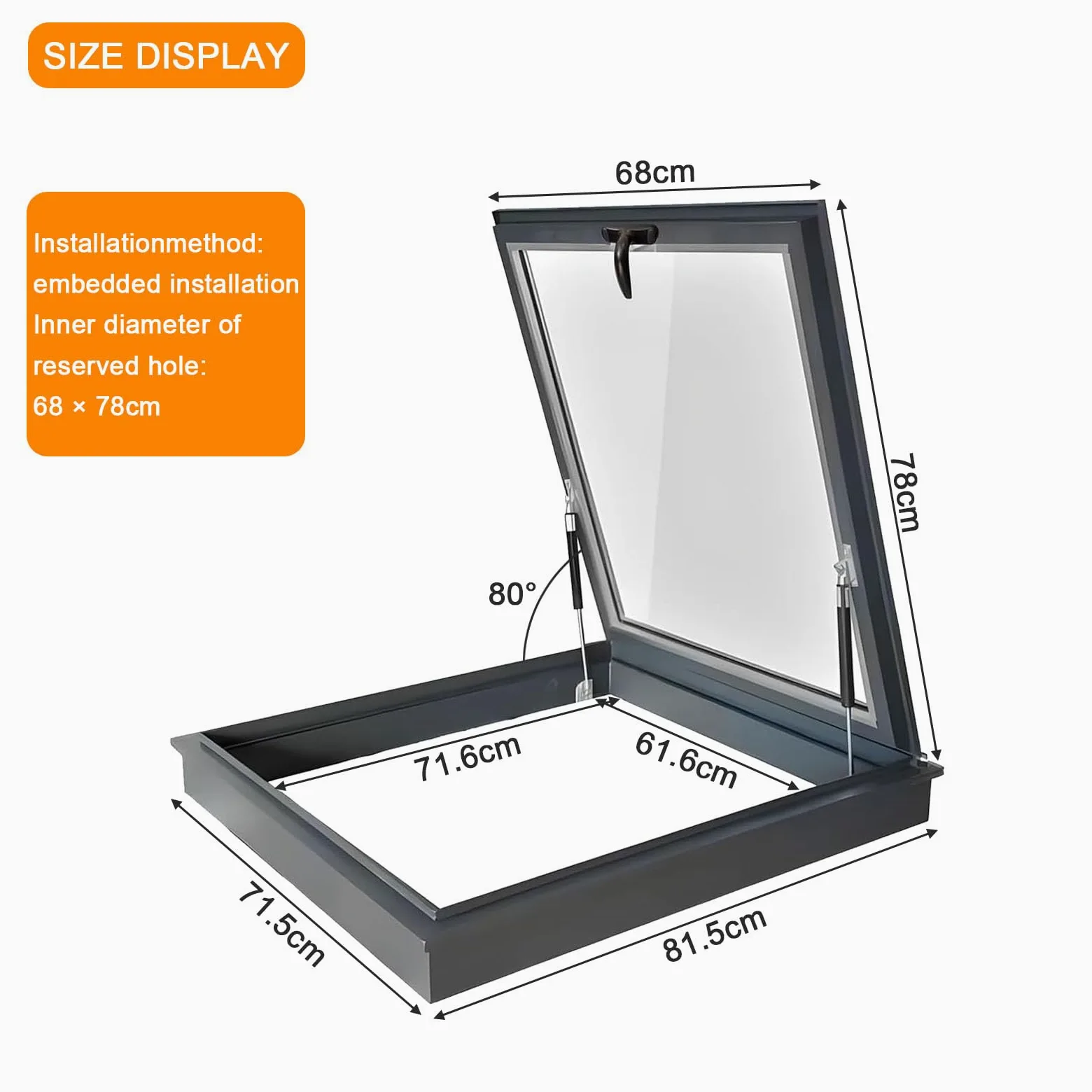 Lucernario per tetto - Finestra per tetto con vetro temperato, Botola per soffitto con asta idraulica, Porta di accesso al sottotetto, Finestra per pozzo di illuminazione del seminterrato (68×78cm)