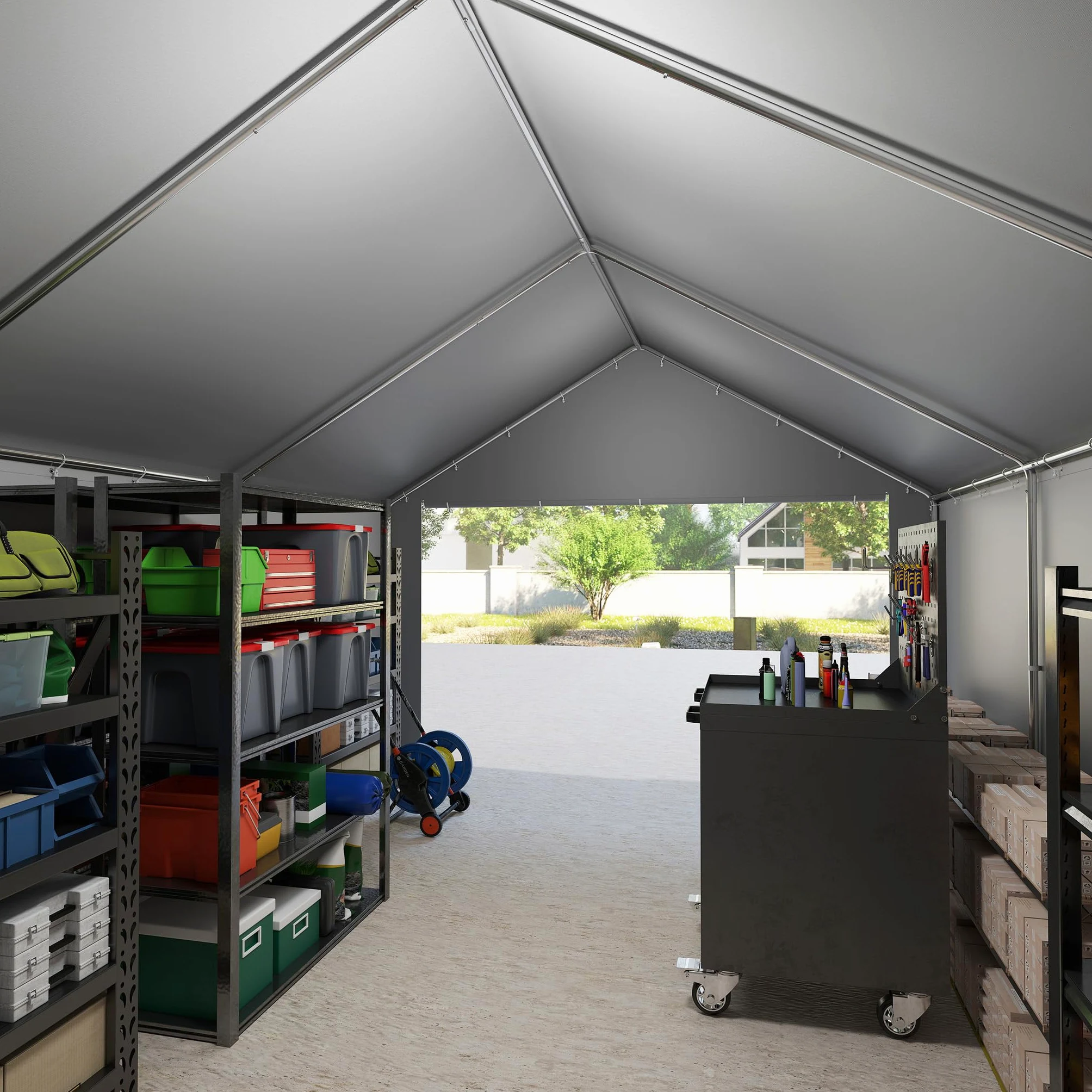 UISEBRT Tenda da magazzino, 4 x 6 m, impermeabile, con robusto telone in PE e telaio in acciaio, ideale come garage per attrezzi, attrezzi da giardino, pallet (grigio)