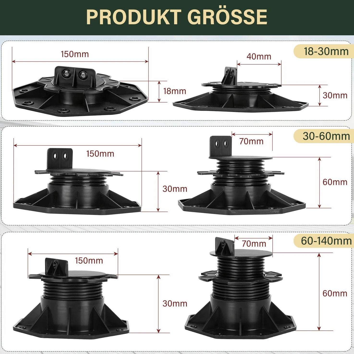 Herrselsam - 50 cuscinetti per pannelli, cuscinetti per piastre, supporti regolabili in altezza, 60 - 140 mm, per assi da terrazzo, per sottostruttura in legno, WPC e pietra