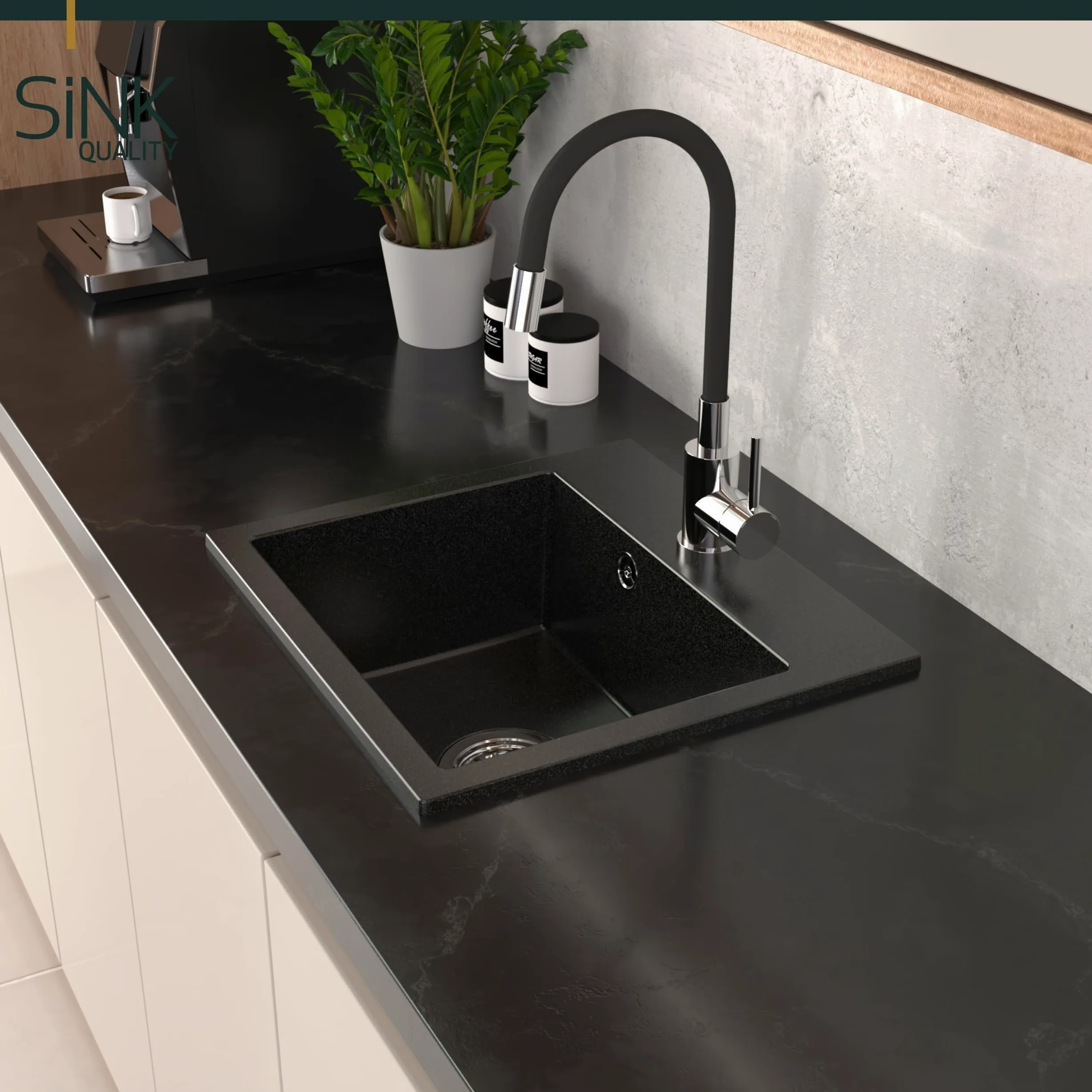 Lavello Sink Quality Beige con rubinetto, 45 × 42 cm, sifone e impregnazione, da incasso in granito, per mobiletto a partire da 45 cm