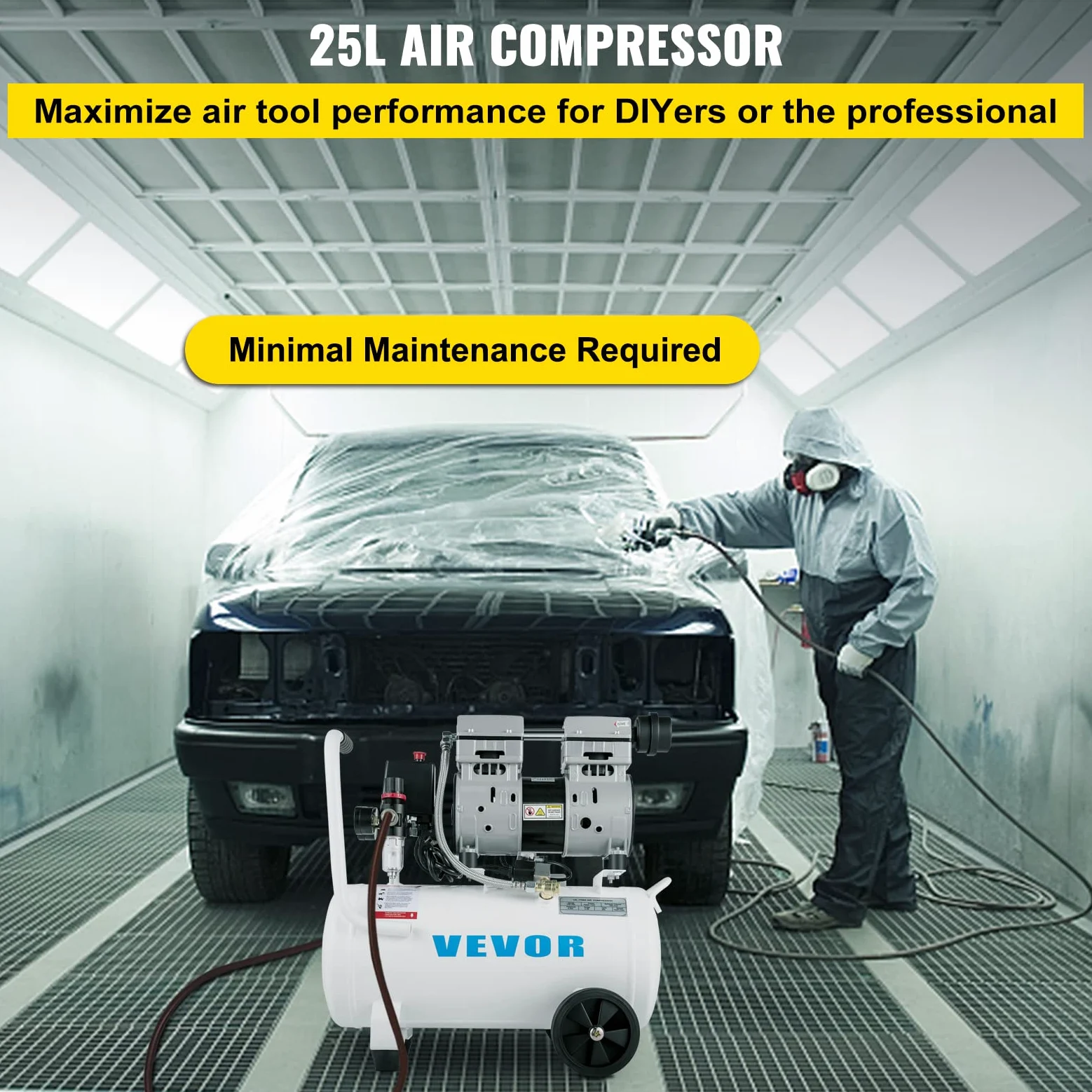 VEVOR Compressore Silenzioso 750W, Oil-free 25 L, Pressione 8 Bar, 220V, Compressore d'Aria Portatile, Rumorosità: 68 dB, per Esigenze di Gonfiaggio