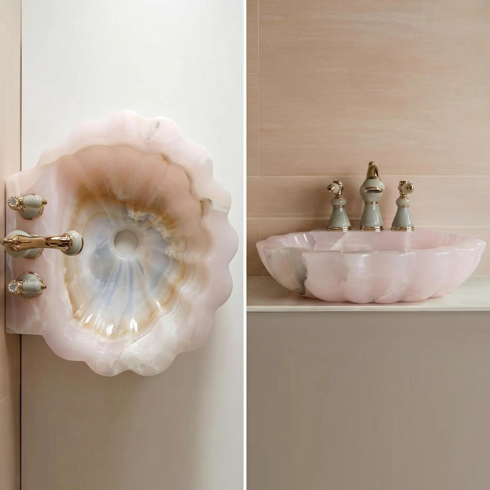 Lavandino da parete in onice rosa con design floreale