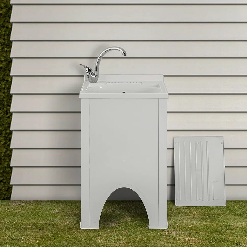 Inbagno Mobile lavatoio da Esterno 50x50 in Resina, Include ASSE lavapanni e Kit di Scarico, in Kit di Montaggio