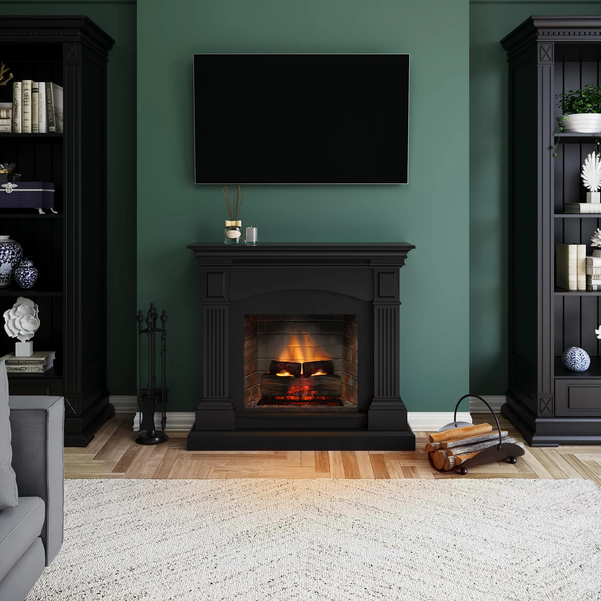 TAGU Magna Camino Elettrico con PowerFlame 2, Riscaldatore e Termostato, Suono Crepitante, Wi-Fi e Luce Ambientale (Nero Profondo)