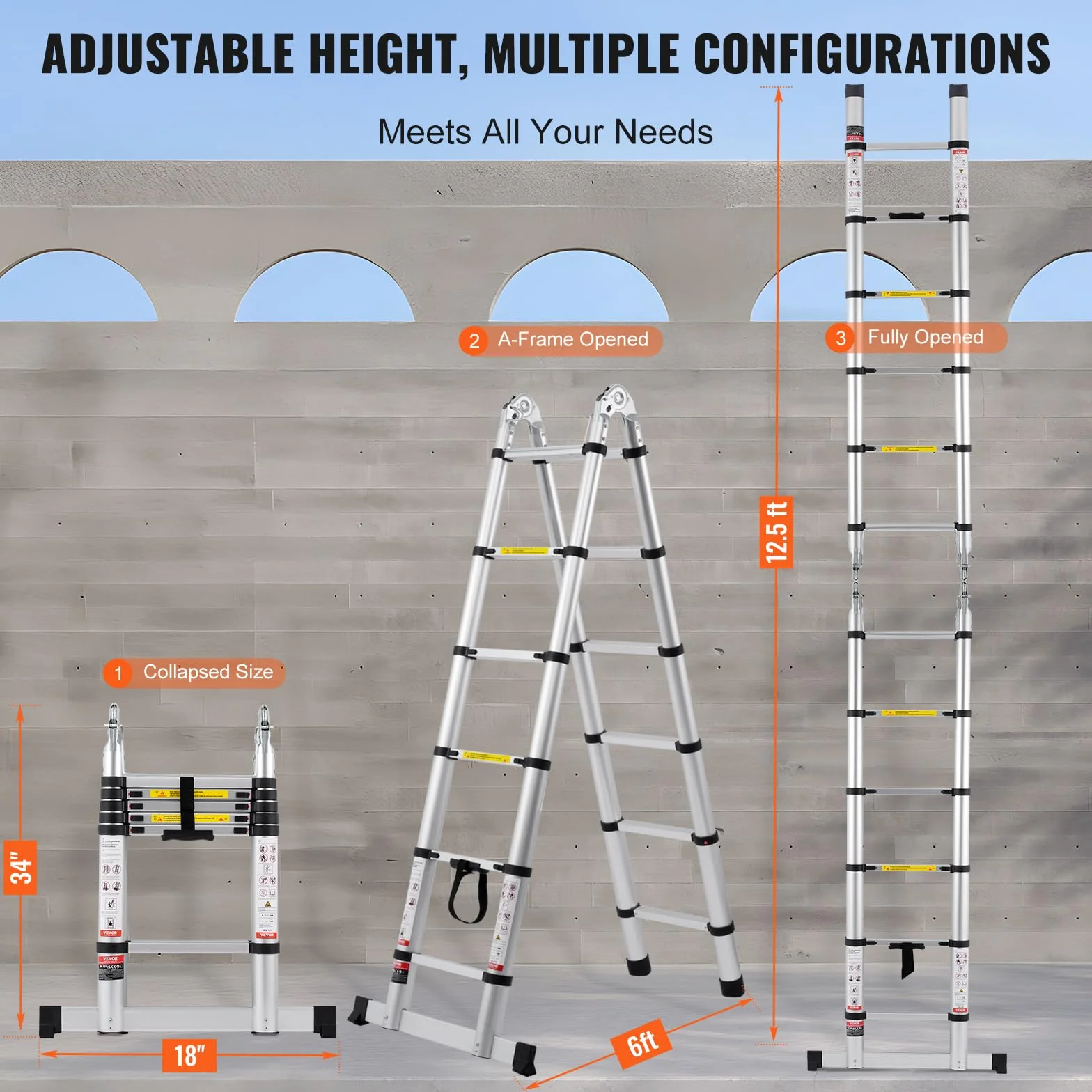 VEVOR Scala Telescopica a Forma di A da 3810 mm Scala Estensibile in Alluminio, Capacità di 170 kg Scala Pieghevole con Retrazione Multi-pulsante, con Barra Stabilizzatrice, per Camper, Roulotte