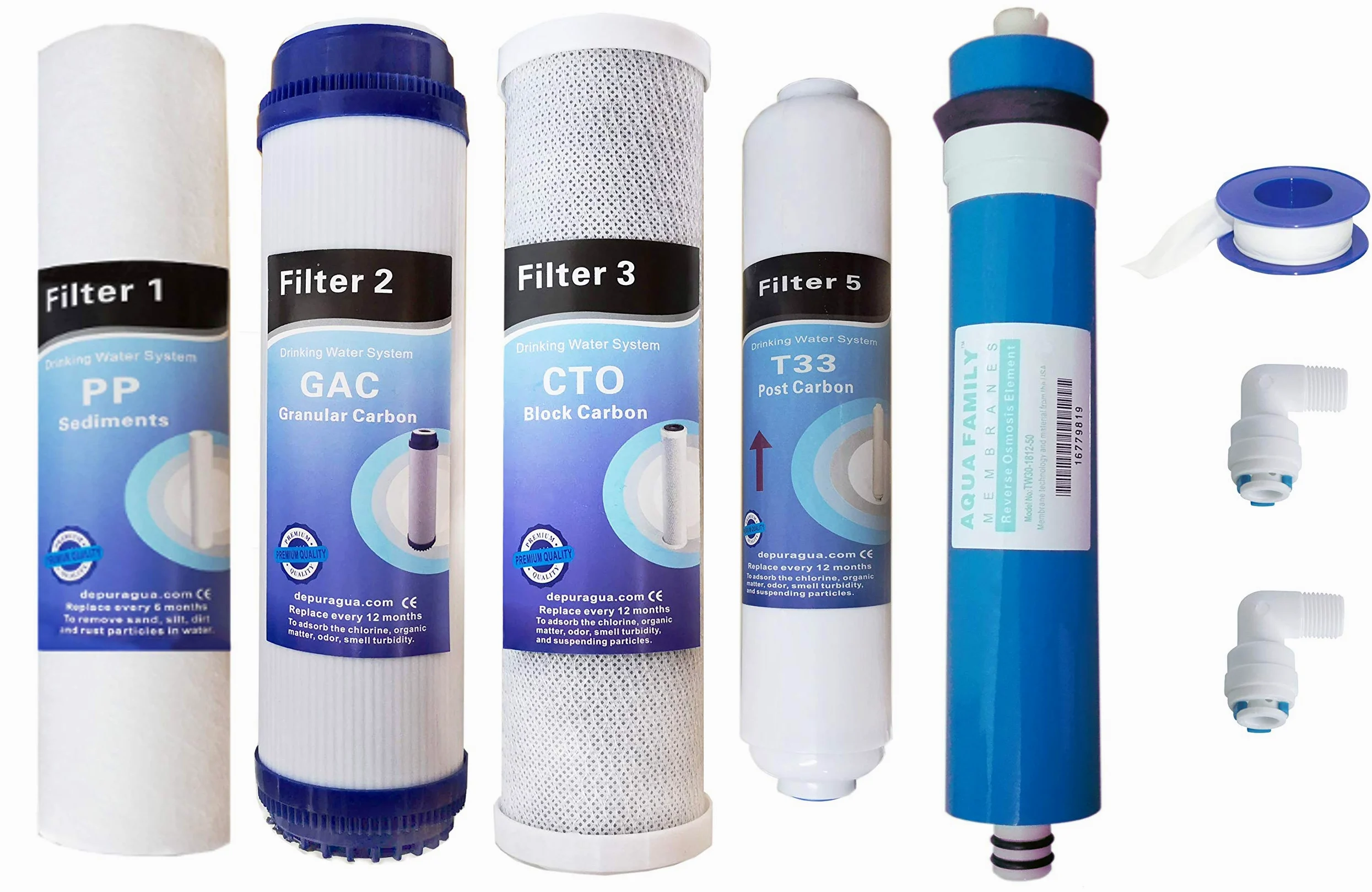 Depuragua - Kit Ricambi Osmosi Inversa | Filtrazione Acqua | Set Completo 5 Filtri | Resistente | Membrana 50 GPD 200 Litri | Filtri per Depuratore Osmosi Inversa |