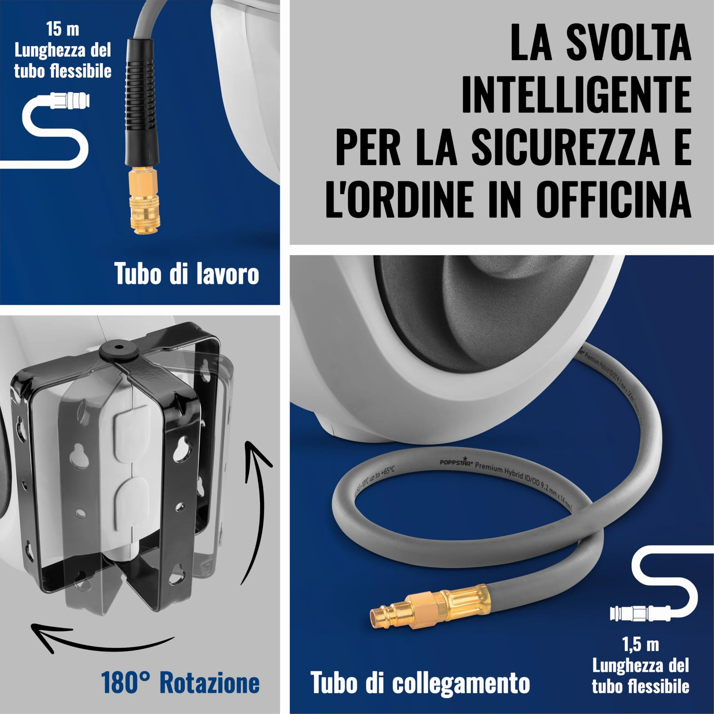 Poppstar Avvolgitubo per tubi ad aria compressa (15m+1,1m, diametro 3/8" (9,2x14mm)), attacco rapido 1/4" BSPT, avvolgitubo con tubo PVC ibrido