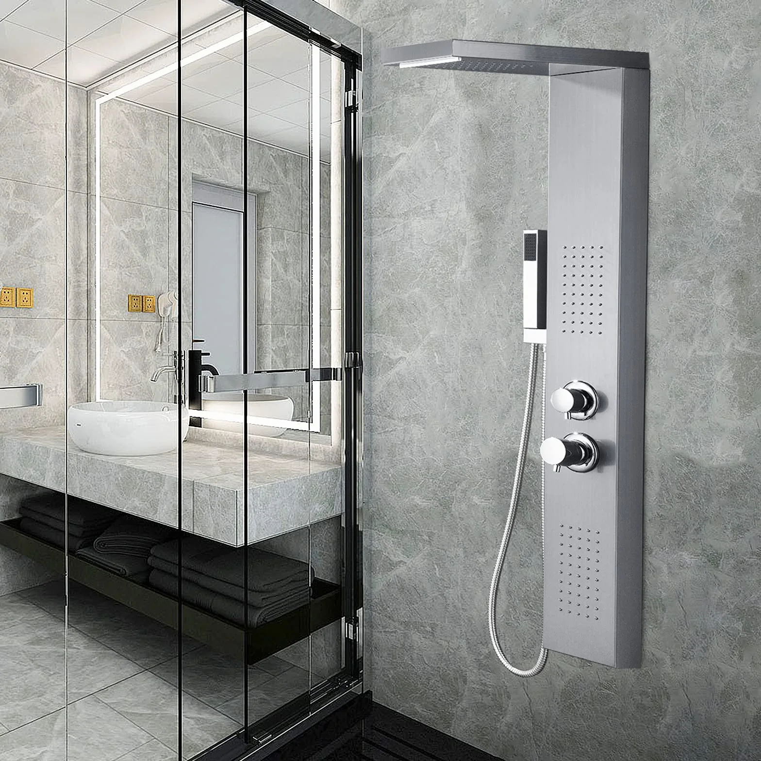 Froadp Sistema Doccia a Pioggia Pannello in Acciaio Inox Spazzolato Montaggio a Parete set Doccia con Doccia Idromassaggio Cascata e set Doccia Doccetta Lusso per Bagno (D'argento)