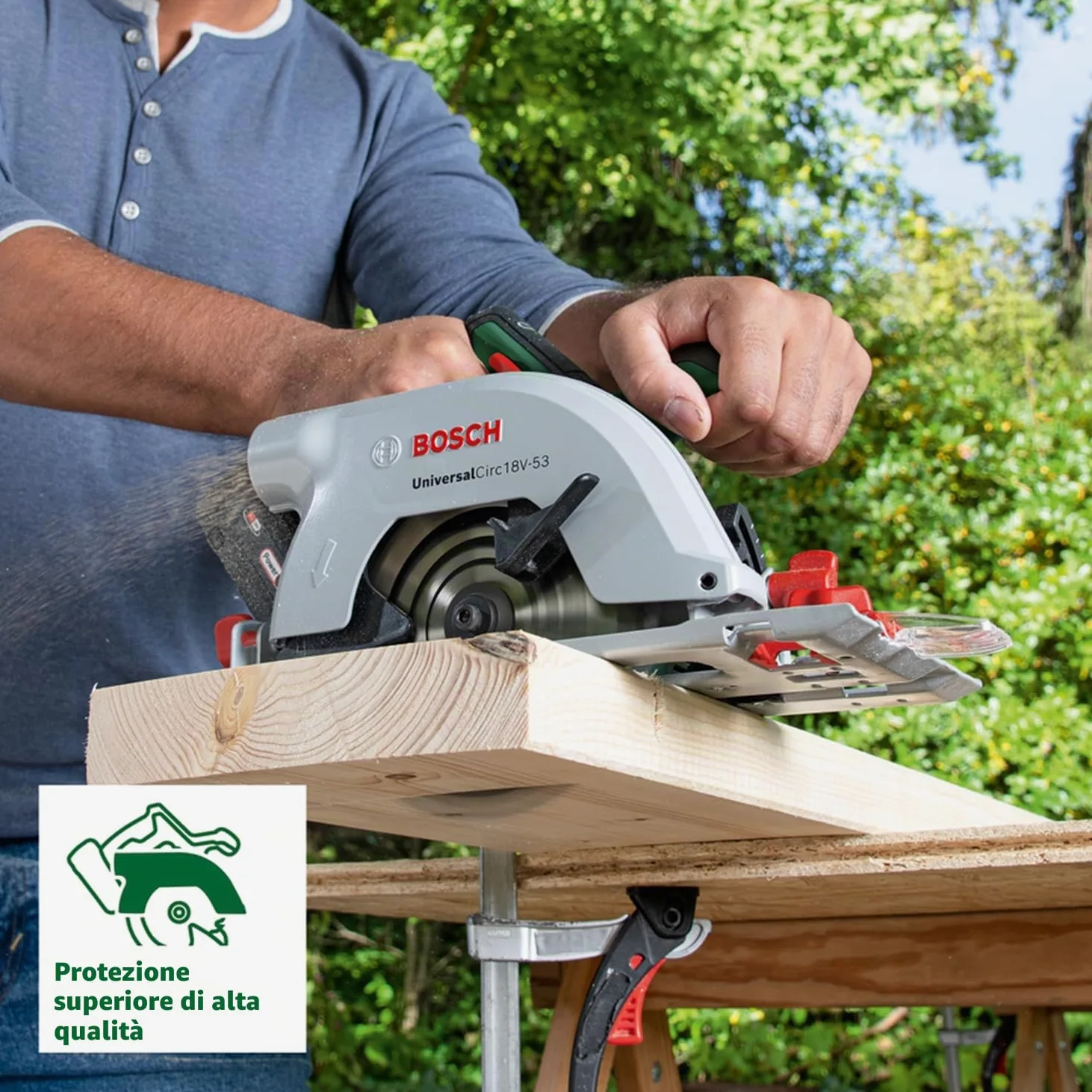 Bosch Sega circolare a batteria UniversalCirc 18V-53 (taglio preciso nel legno; profondità di taglio max. 53 mm; 18 Volt System; 1 batteria da 2,5 Ah e caricabatteria)