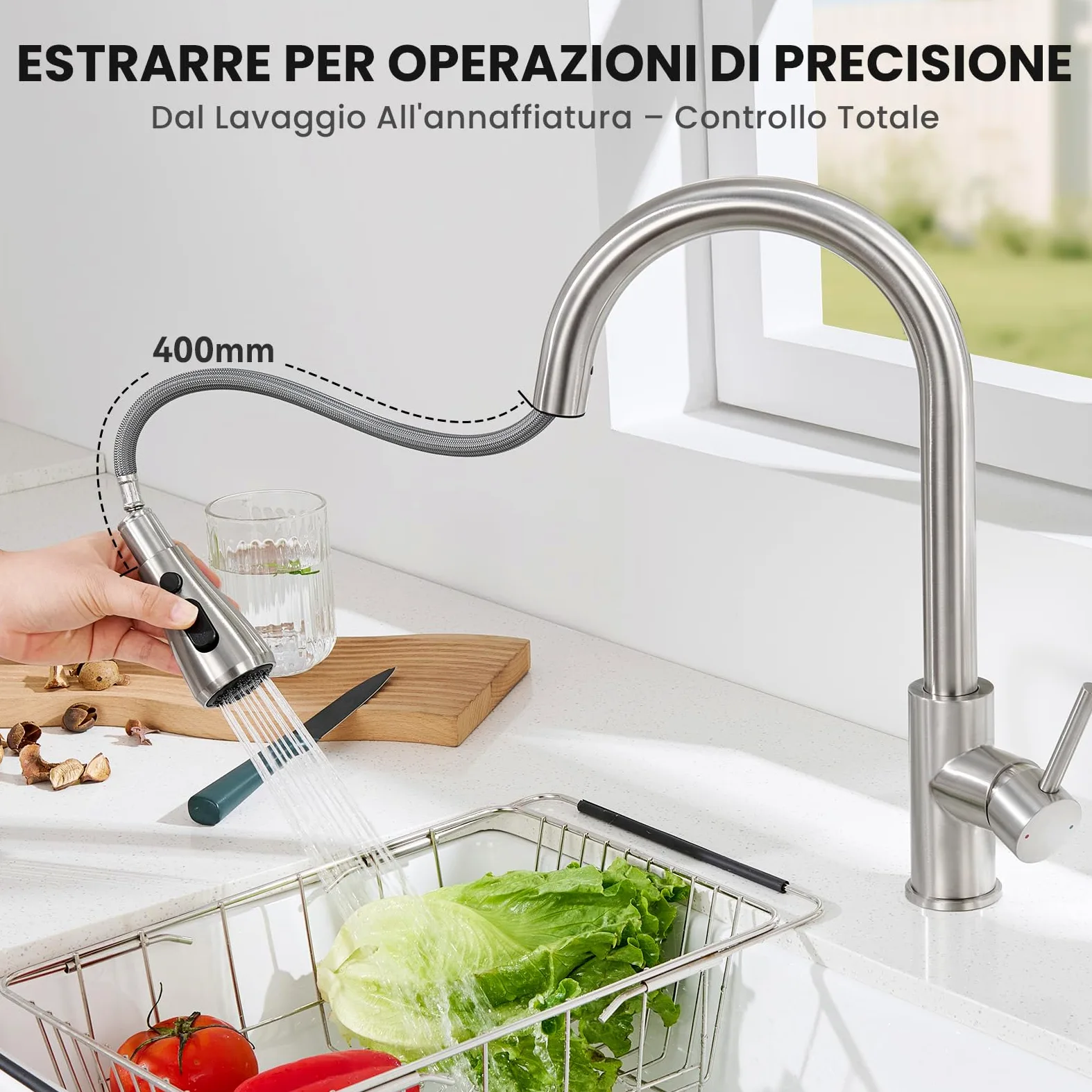 CECIPA 70x45 cm Lavello Cucina con Arco Rubinetto Cucina Estraibile, Lavandino Cucina 1 Vasca in Acciaio Inox con cestello scolapiatti, per Mobile da 70cm