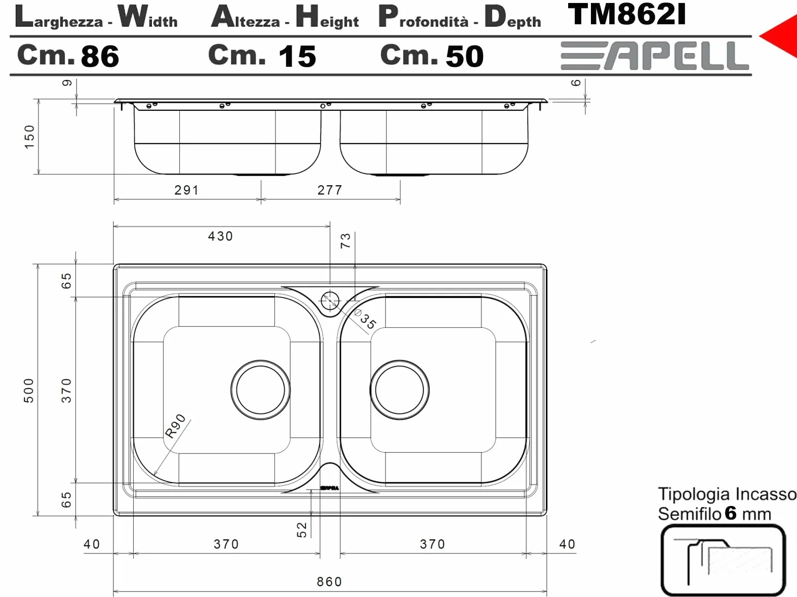 Apell TM862IPC ATMOSFERA 2 Vasche 86x50 Lavello Inox