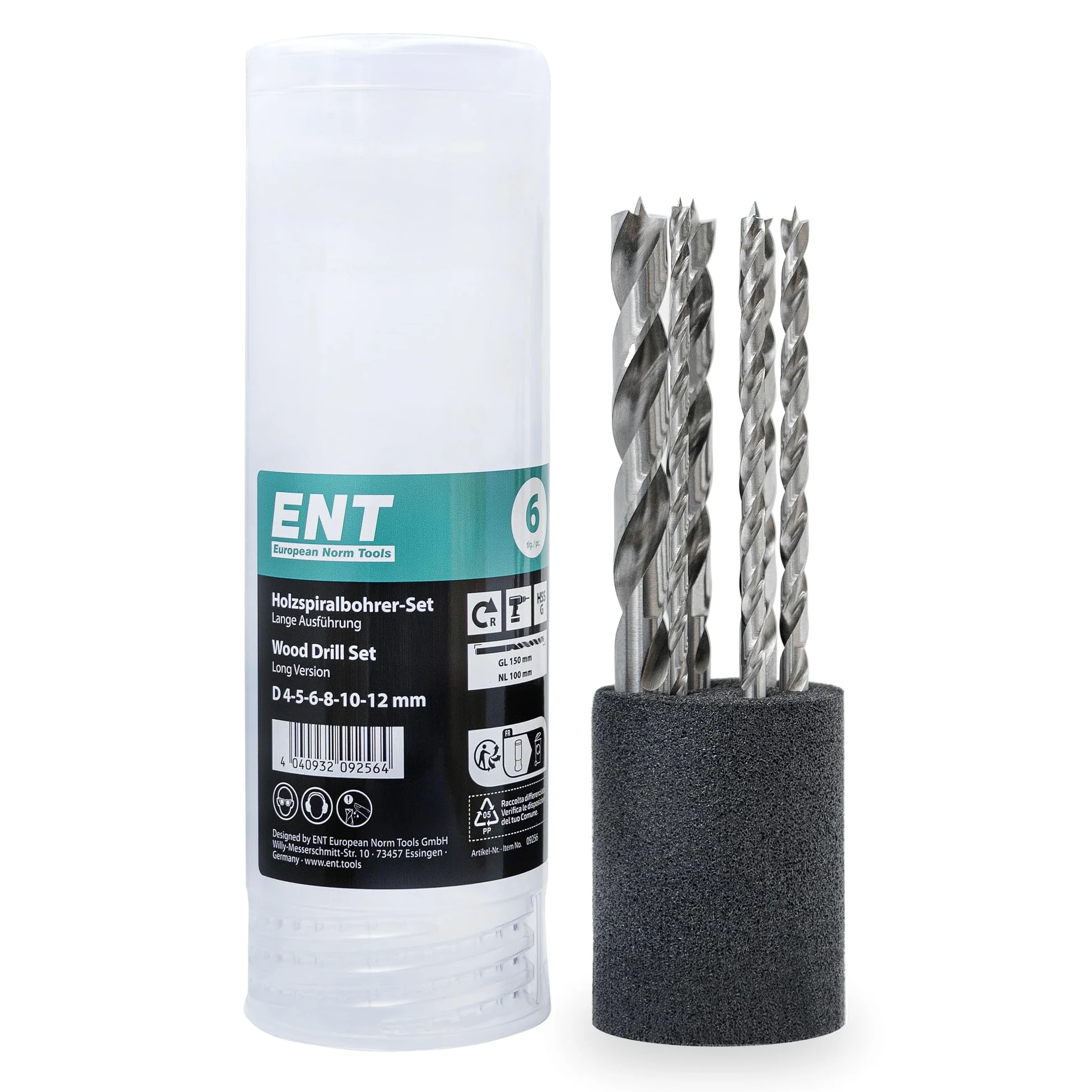 ENT 09256 Set di 6 punte per legno Ø 4, 5, 6, 8, 10 e 12 mm, lungo 150 mm, NL 100 mm, punte per legno rettificate in Acciaio a taglio rapido, per legno duro e tenero, adatte per trapani a batteria