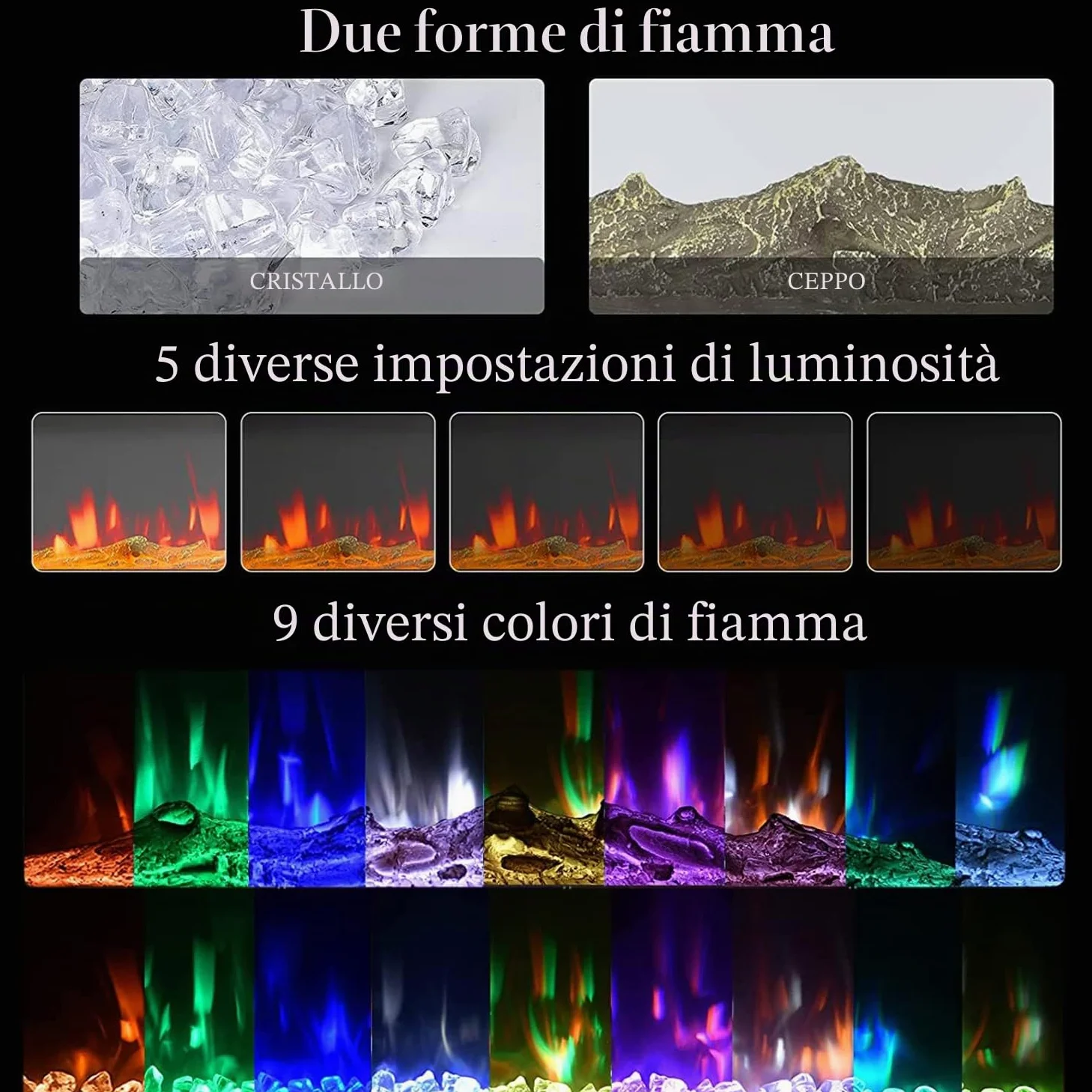 M.C.Haus Camino Elettrico Touch Screen Pannello in Vetro con Inserto a Fiamma Colorata Riscaldatore a Parete Telecomando con Crystal LogSet,900W/1800W (127 cm)