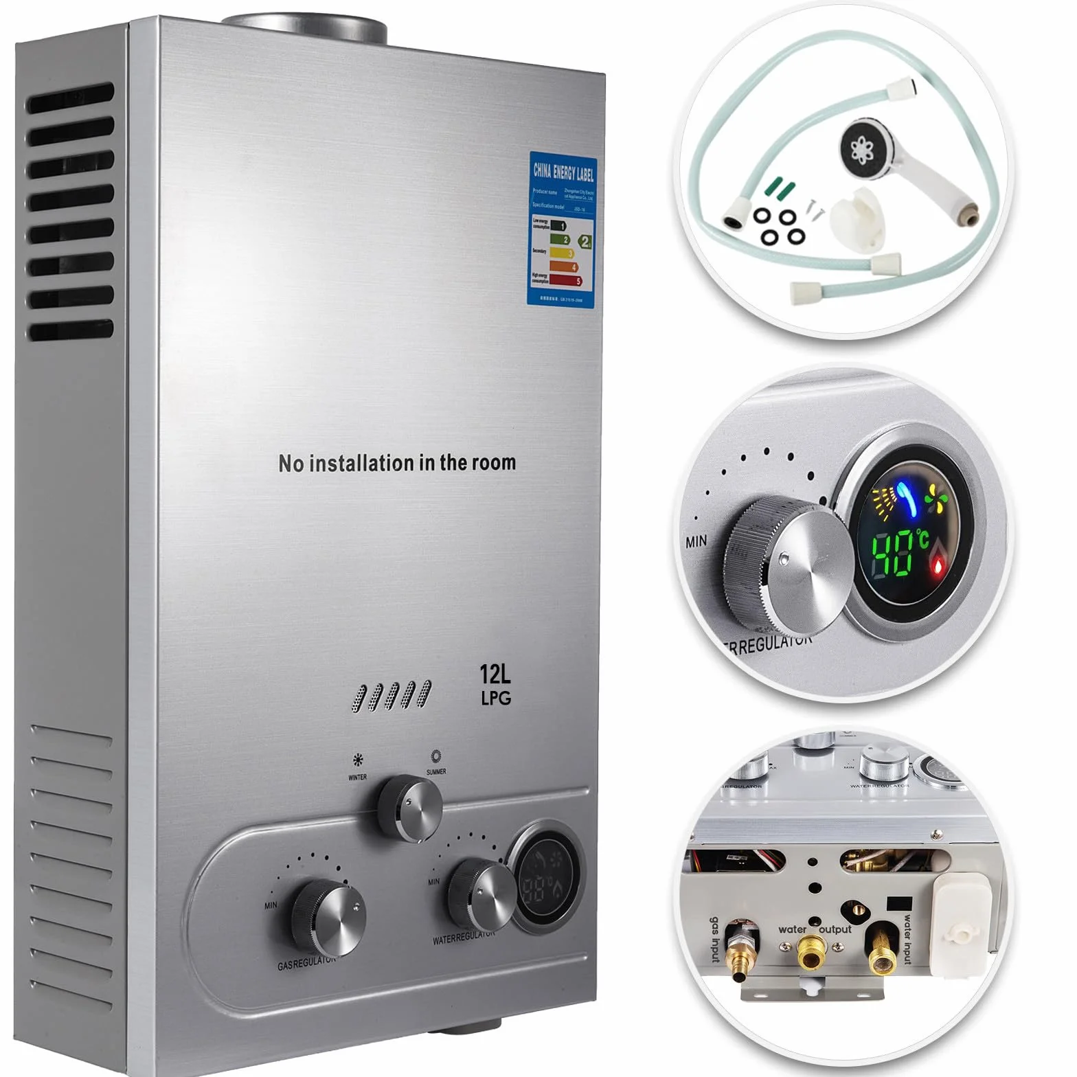 12L GPL Scaldacqua a Gas Liquefatto,Uscita Dell'acqua Calda 12 L/min,24KW Shower Water Heater Gas Bagno Riscaldatore di Acqua Calda di Induzione Riscaldatore Della Parete (12, Litri)
