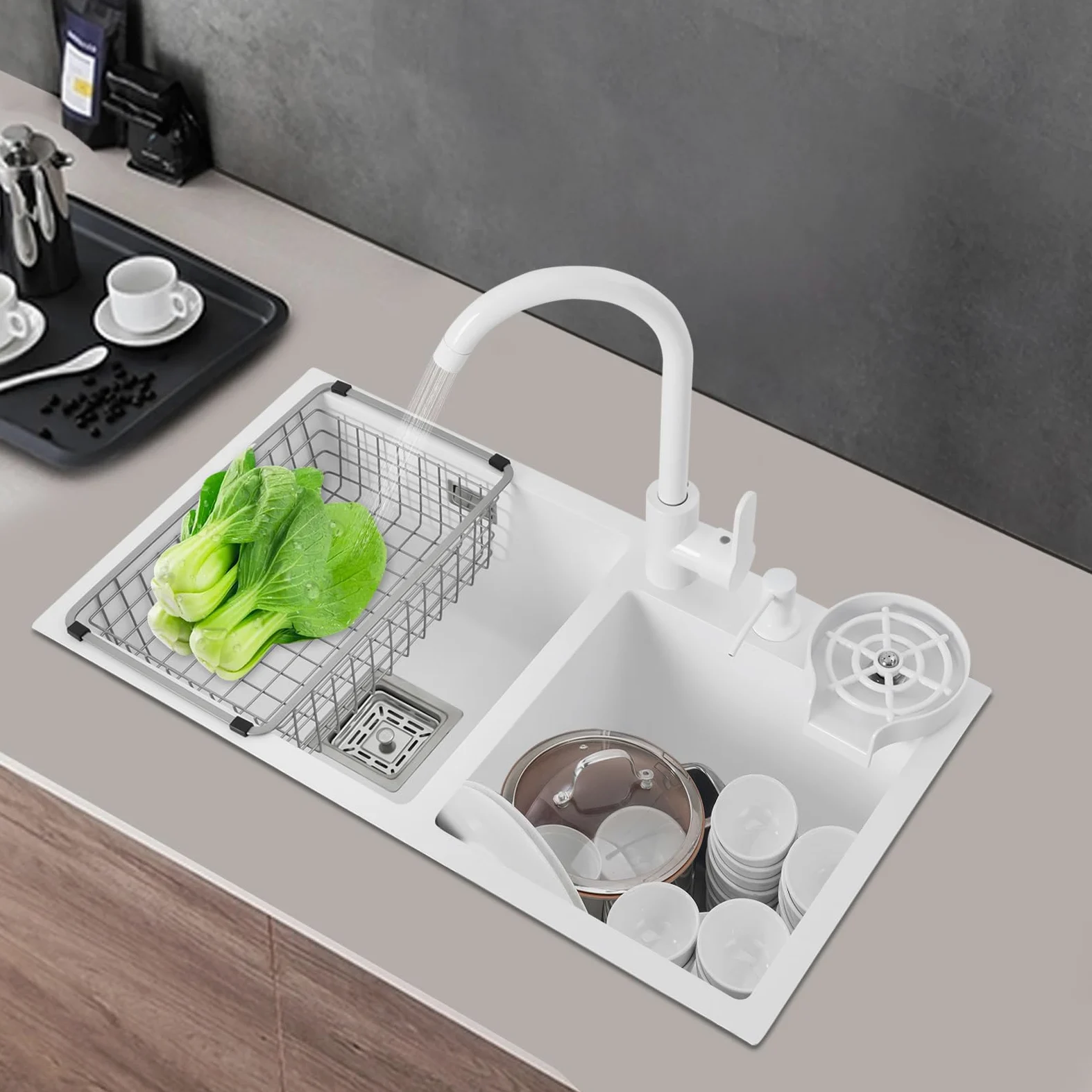 2 lavelli da cucina, 71 x 38 x 21 cm, colore bianco, in acciaio inox, con rubinetto per acqua calda e fredda, rettangolare, con sgocciolatoio, set di lavello da incasso, per appartamenti, ristoranti